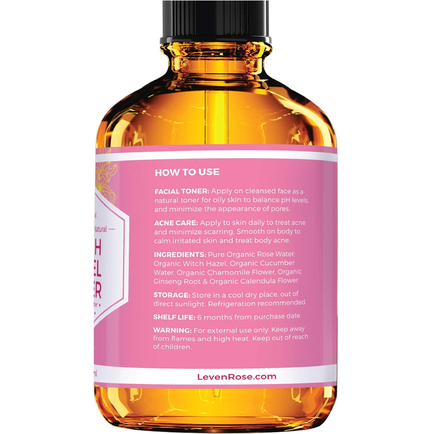 Leven Rose Witch Hazel Toner – 100% Pure Rose Water with Calendula, Cucumber & Chamomile (Alcohol-Free)