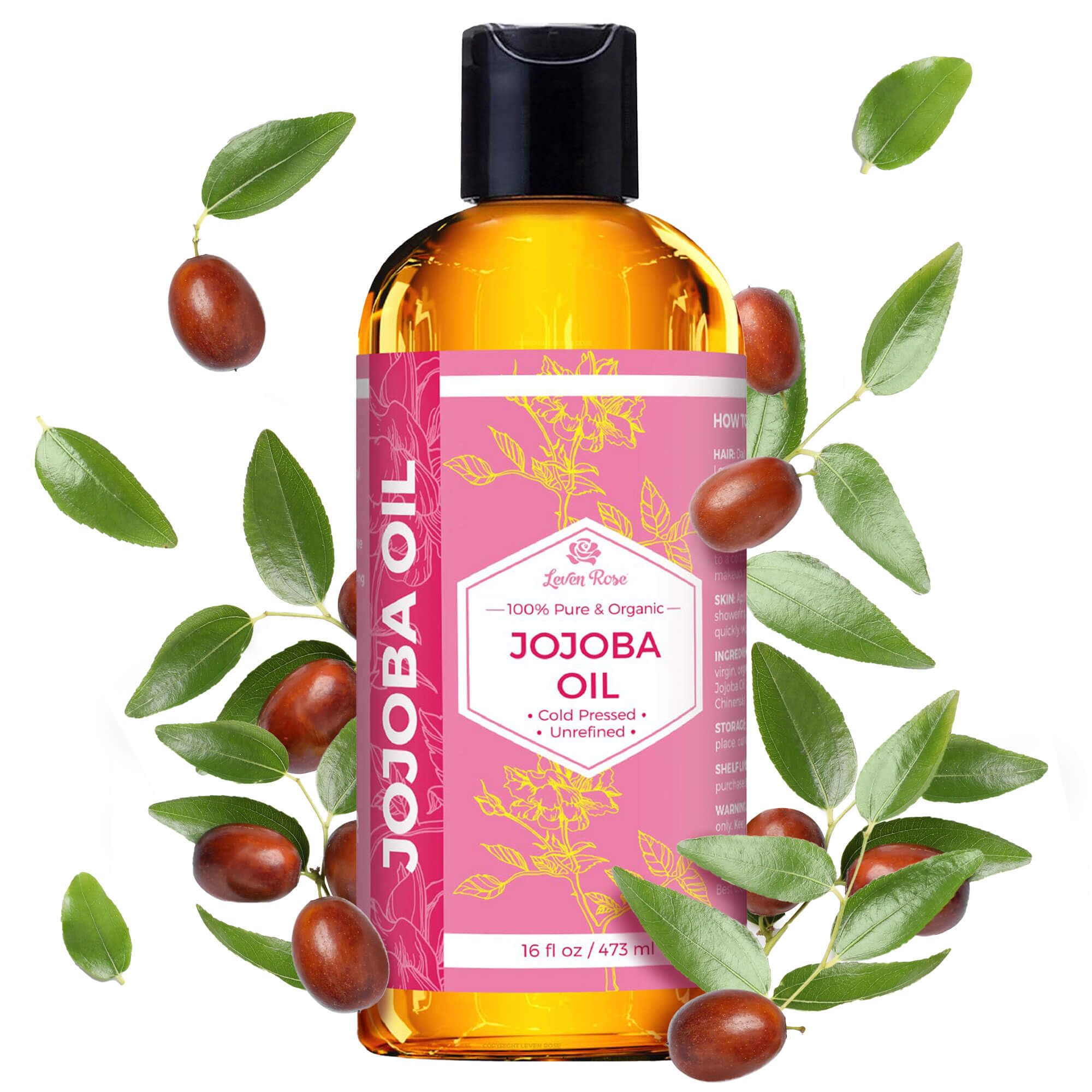 Leven Rose Jojoba Oil – Pure Cold-Pressed Moisturizer for Skin, Hair & Nails 16 oz