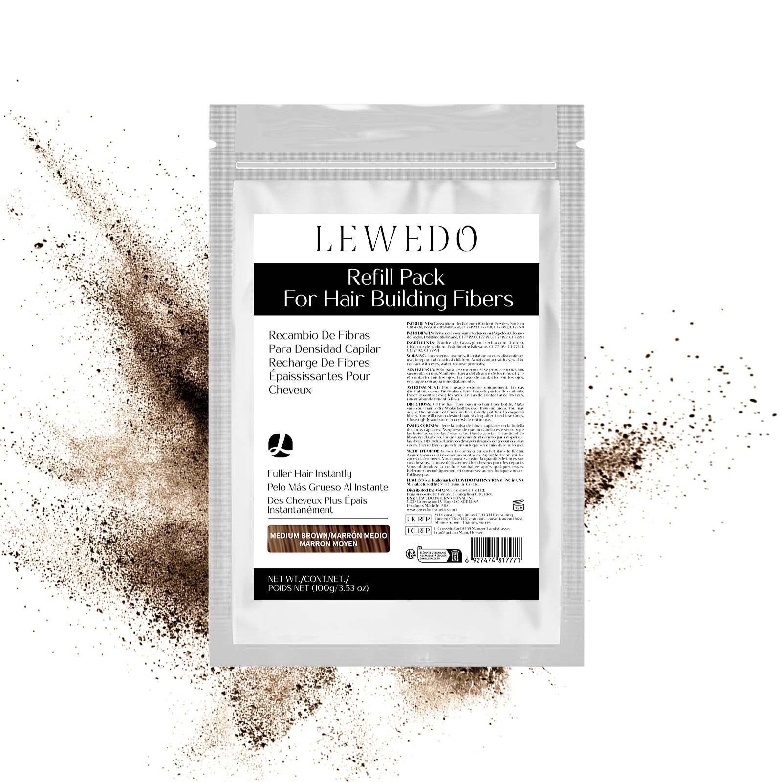 LEWEDO Hair Building Fibers Refill Pack 100g – Instant Thickening for Men & Women (Medium Brown)