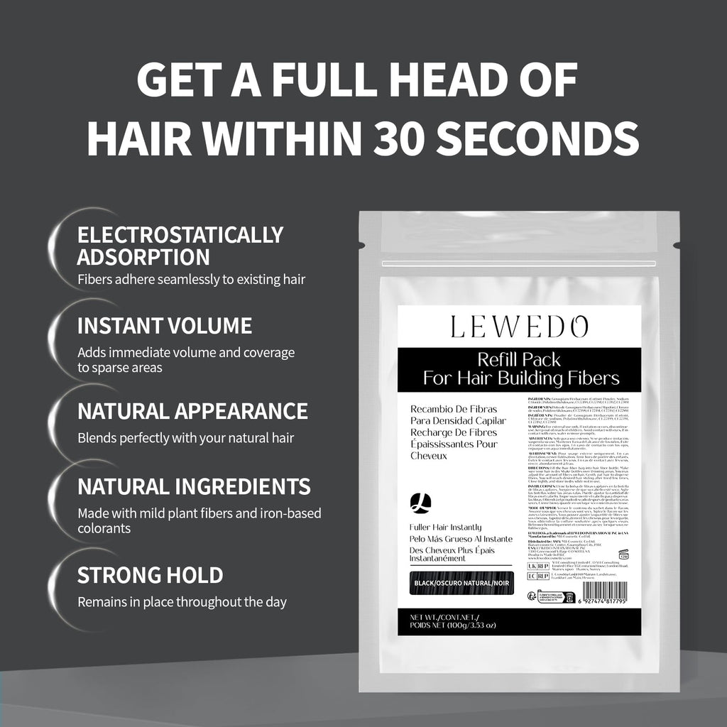 LEWEDO Hair Building Fibers Refill Pack 100g – Instant Thickening for Men & Women (Medium Brown)