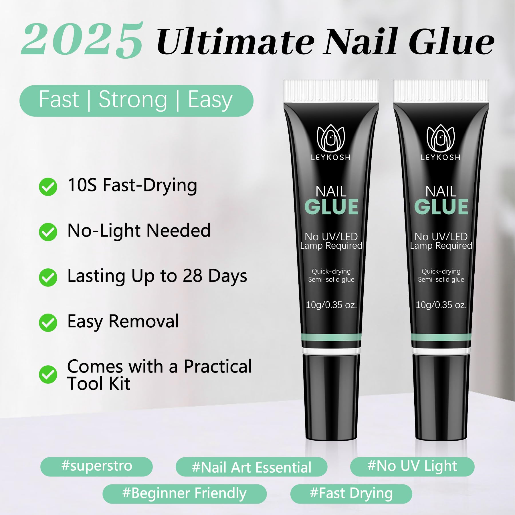 LEYKOSH Nail Glue for Press-Ons – 10s Dry Time, No Light Needed, 28+ Days Hold | 20g Total
