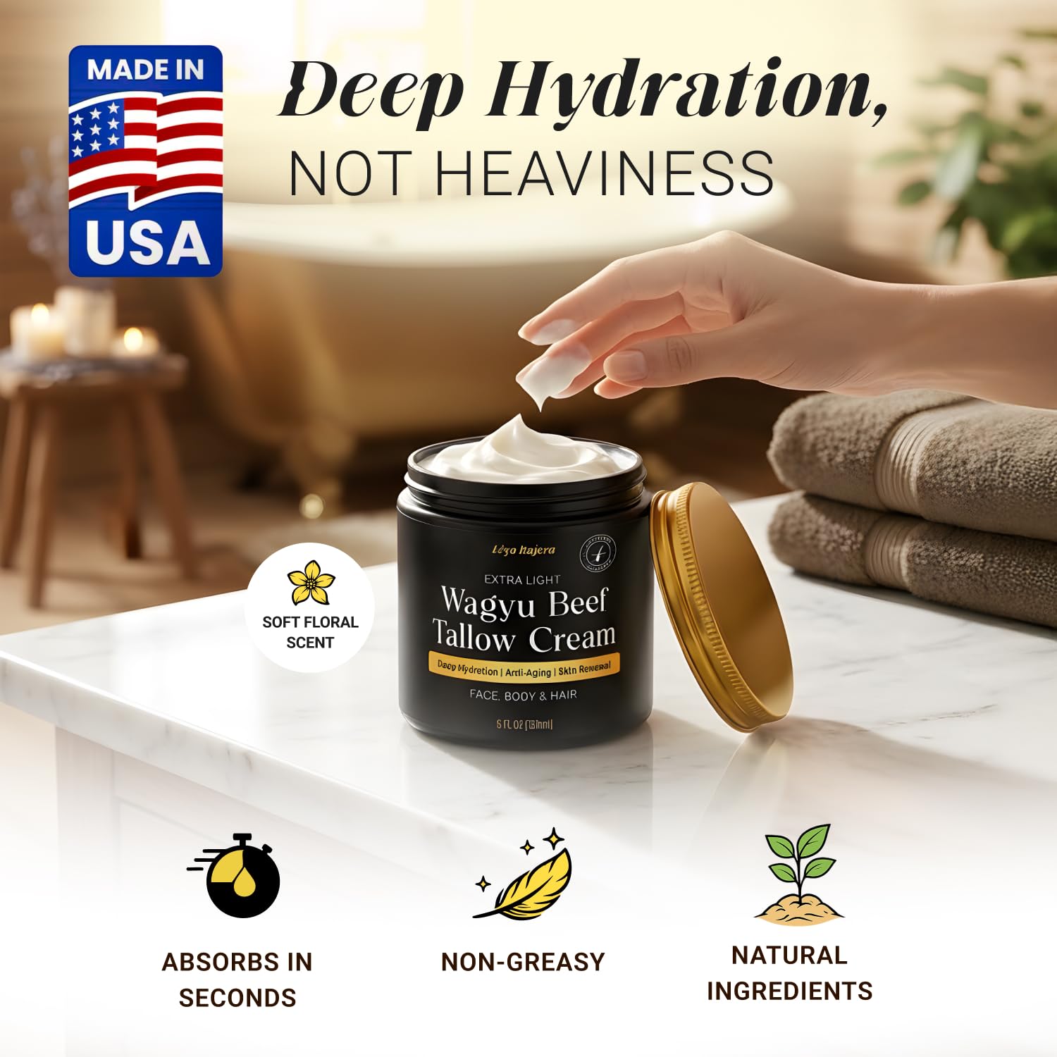 Lèyo Rujera Wagyu Beef Tallow Moisturizer 5oz – Non-Greasy Skin & Hair Hydration
