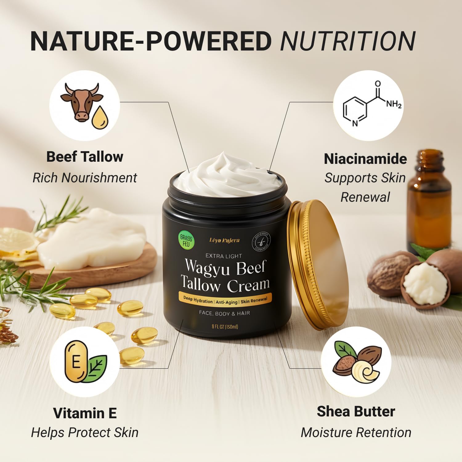 Lèyo Rujera Wagyu Beef Tallow Moisturizer 5oz – Non-Greasy Skin & Hair Hydration