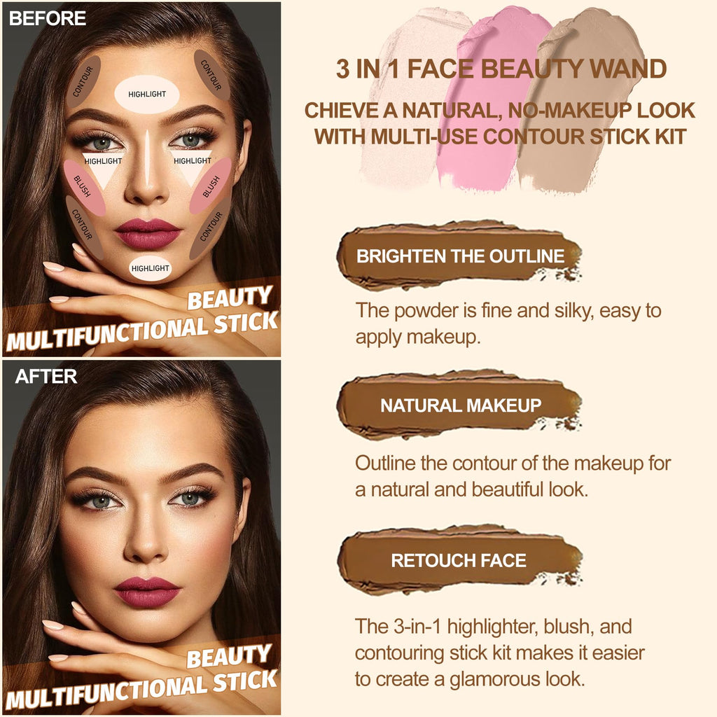 Lezero 3Pcs Contour Stick Kit in Light Fair | Highlighter, Blush & Bronzer