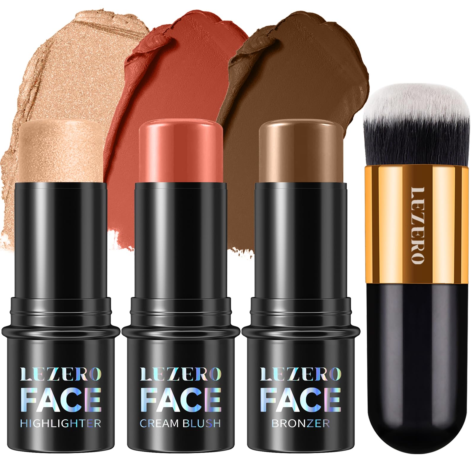 Lezero 3-Piece Contour Stick Kit (Medium) – Highlighter, Blush & Bronzer for Sculpted, Dewy to Matte Finish