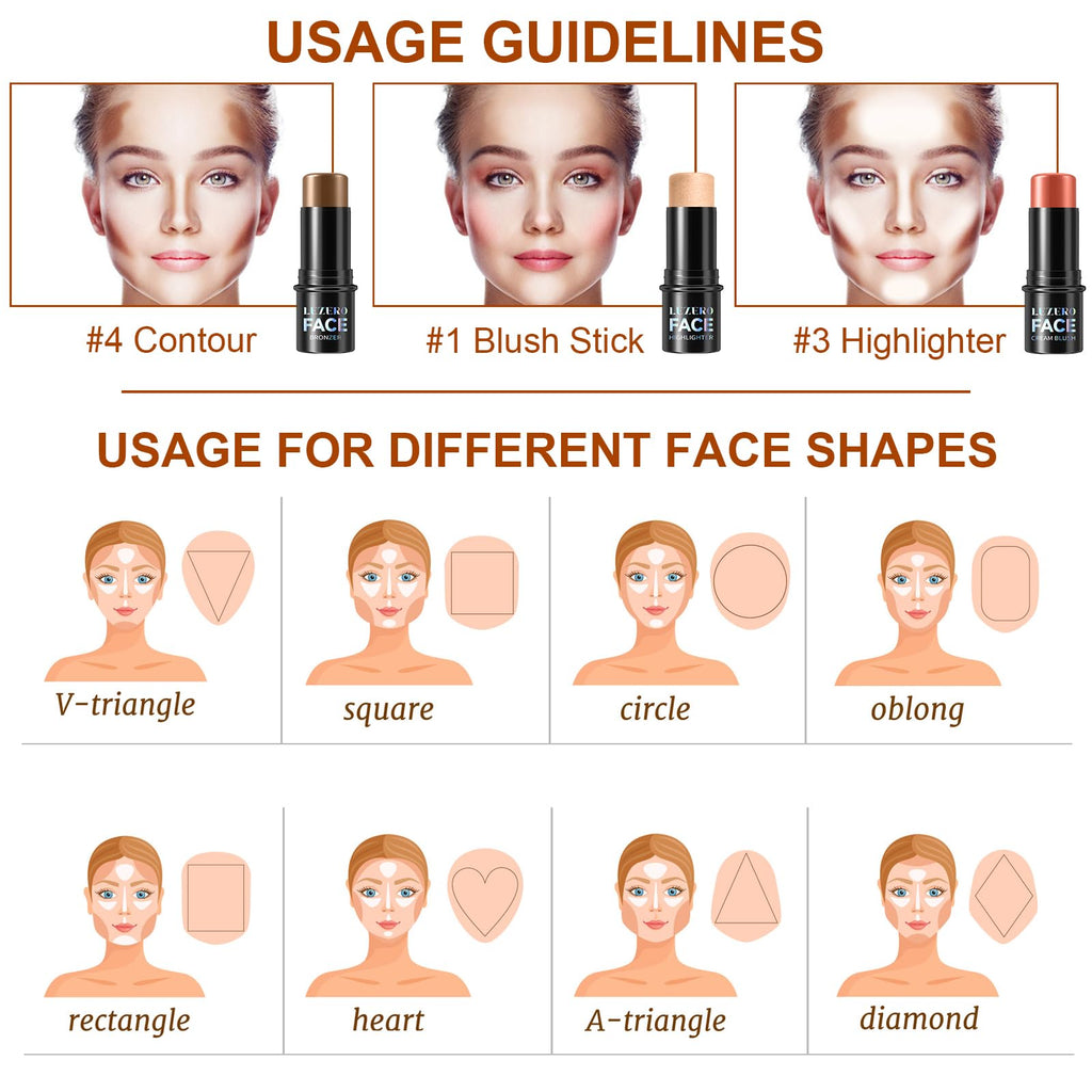 Lezero 3-Piece Contour Stick Kit (Medium) – Highlighter, Blush & Bronzer for Sculpted, Dewy to Matte Finish