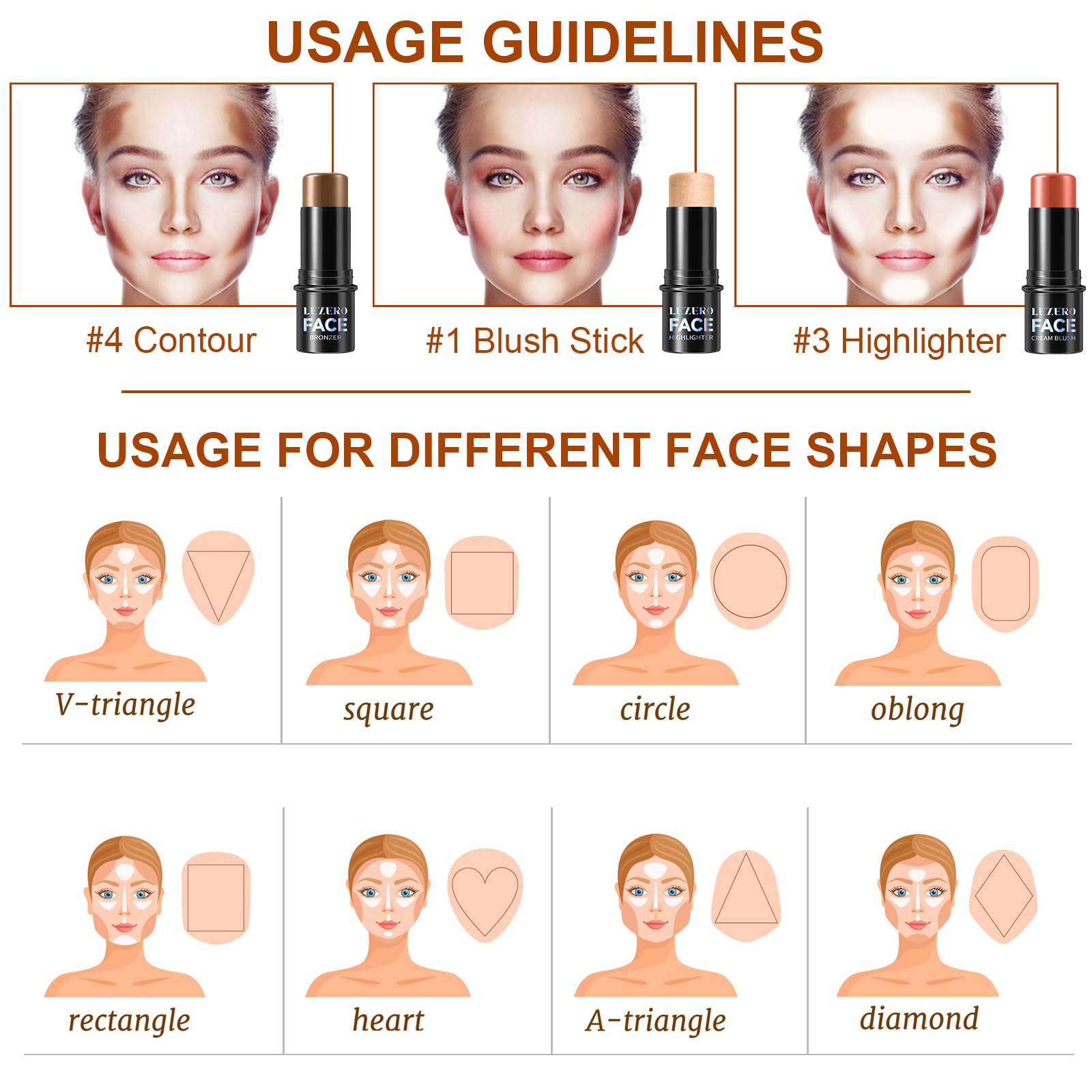 Lezero 3-Piece Contour Stick Kit (Medium) – Highlighter, Blush & Bronzer for Sculpted, Dewy to Matte Finish