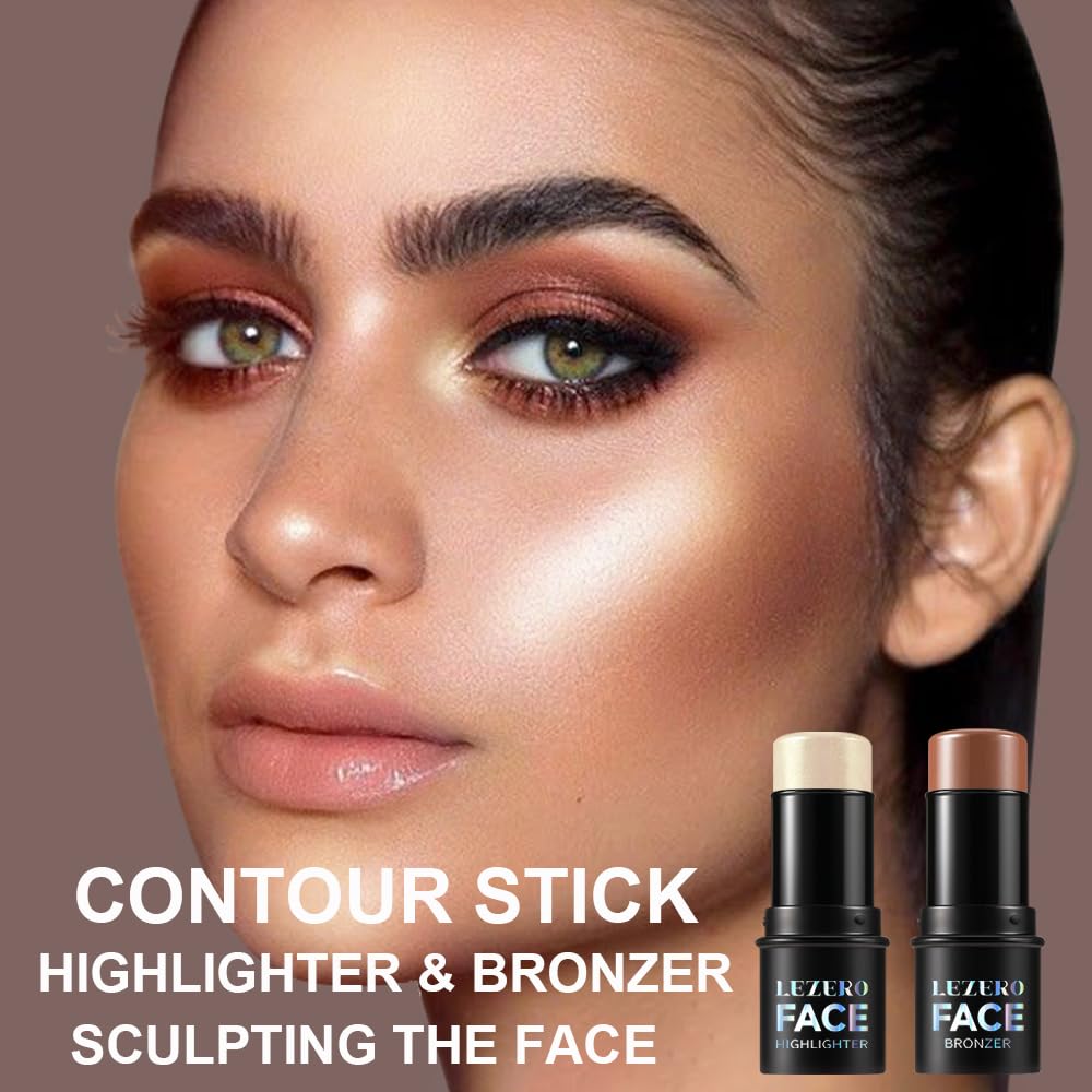 Lezero 2Pcs Contour Stick Set with Brush – Highlighter & Bronzer for Face Shaping