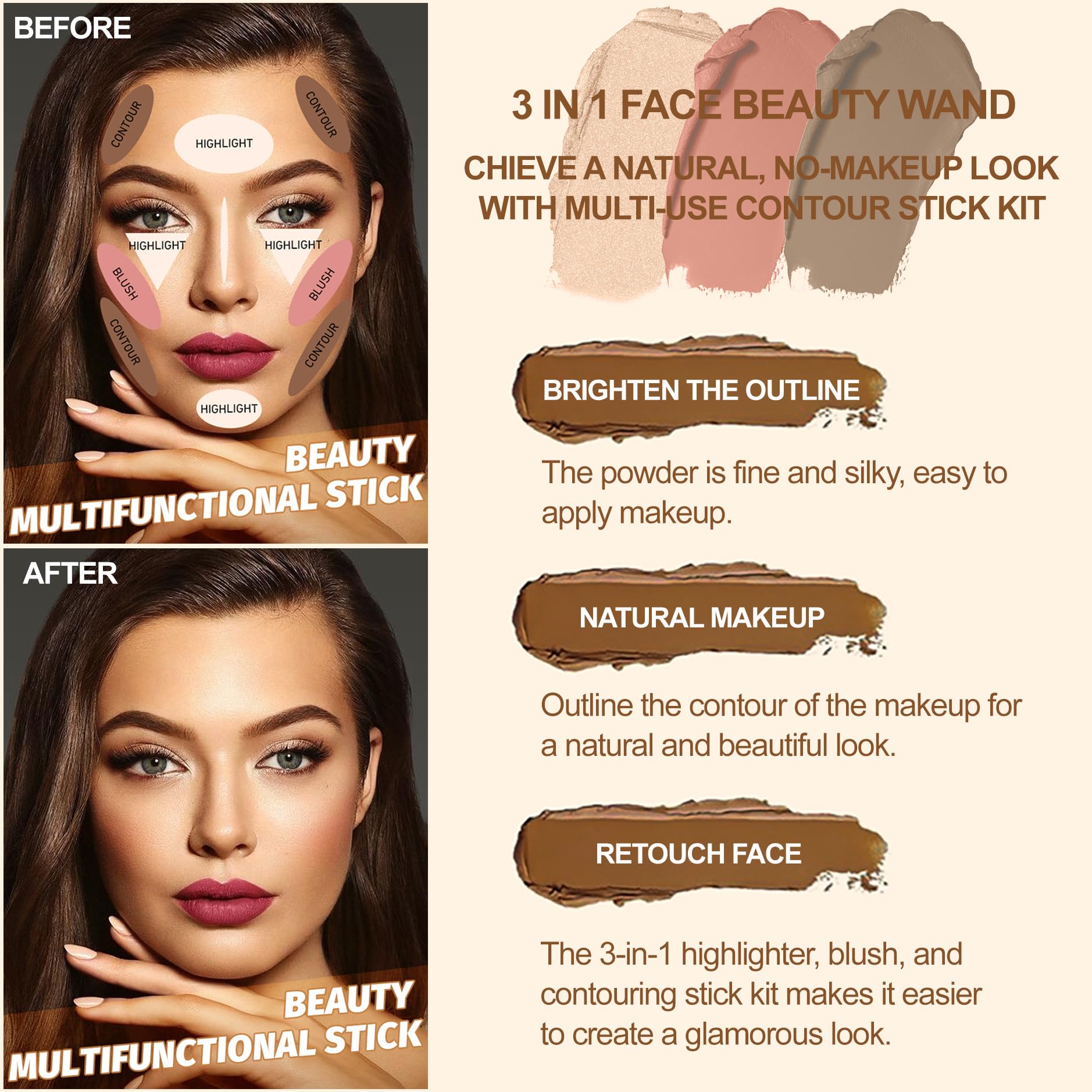Lezero 3-Piece Contour Stick Kit (Medium) – Highlighter, Blush & Bronzer for Sculpted, Dewy to Matte Finish