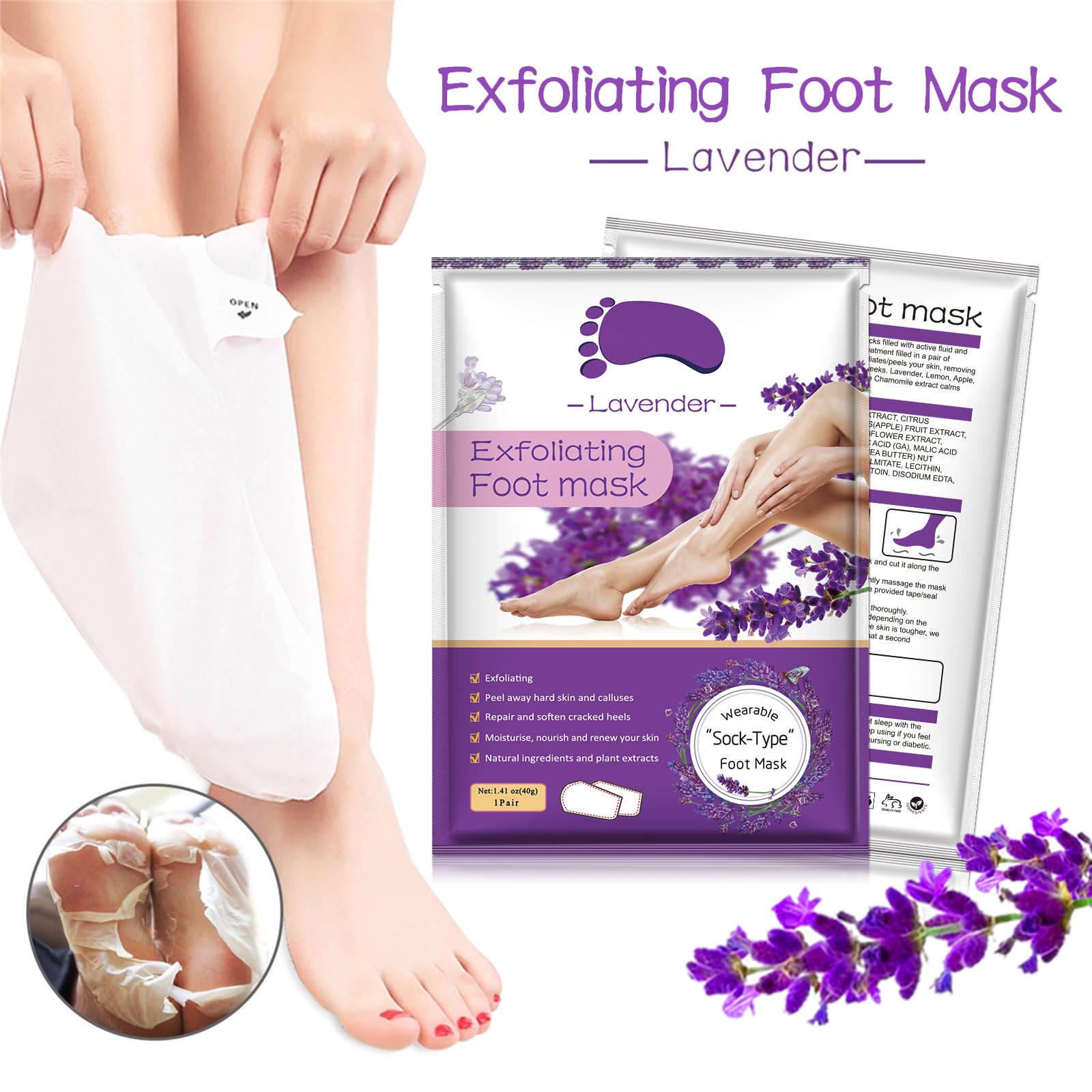 Liefiet Lavender Foot Peeling Mask 5 Pack – Exfoliate, Hydrate, Soft Feet