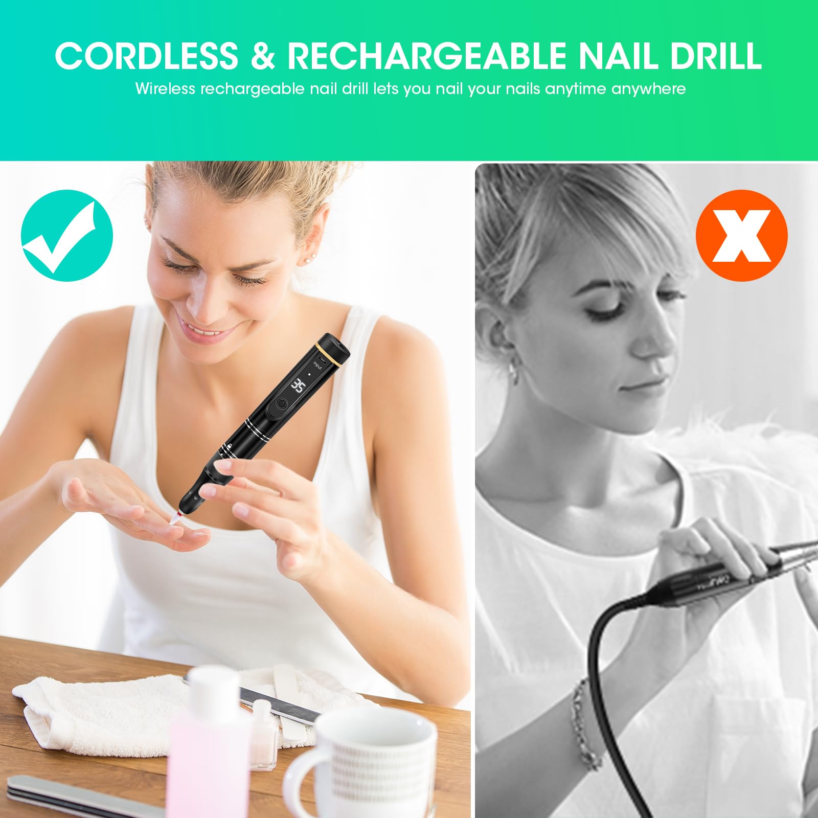 LIERKISS Cordless Nail Drill 35000RPM – Wireless Electric Nail File Kit