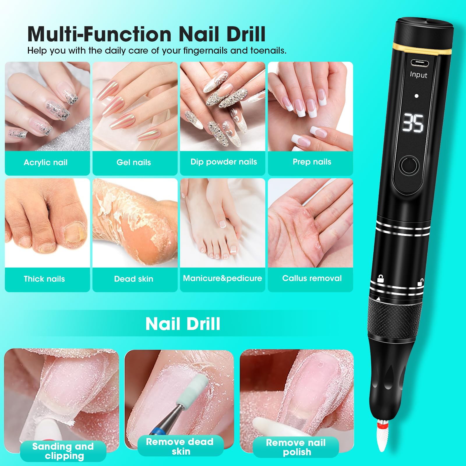 LIERKISS Cordless Nail Drill 35000RPM – Wireless Electric Nail File Kit
