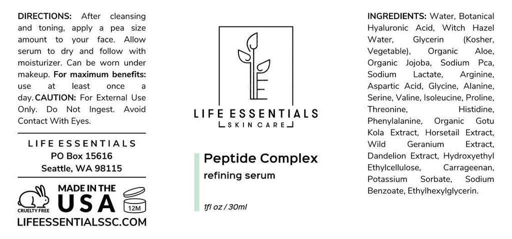 Life Essentials Skin Care Peptide Complex Serum for Face – Collagen & Elastin Support with Hyaluronic Acid