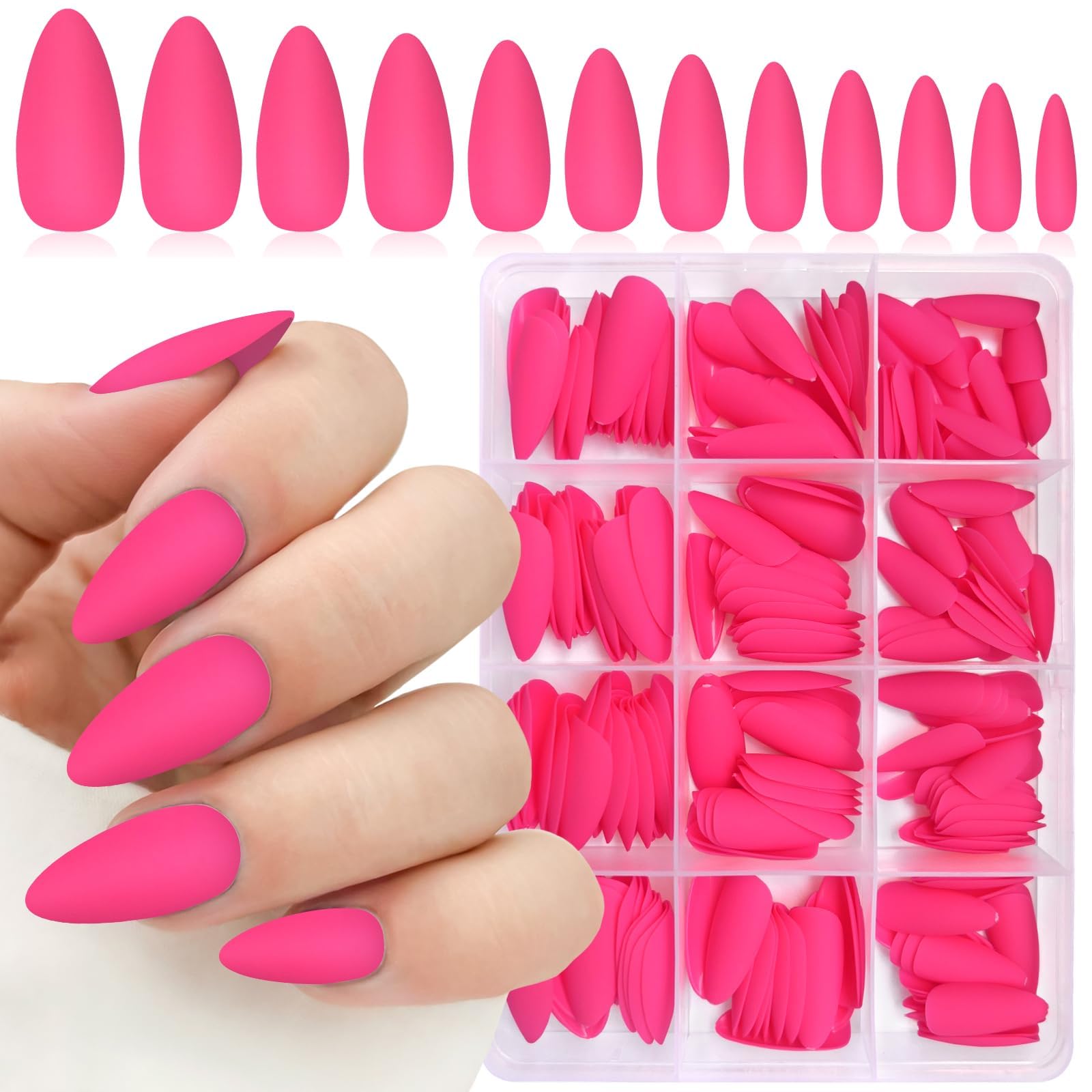 Lifextol 240pc Almond Press-On Nails – Hot Pink Matte, Medium Length