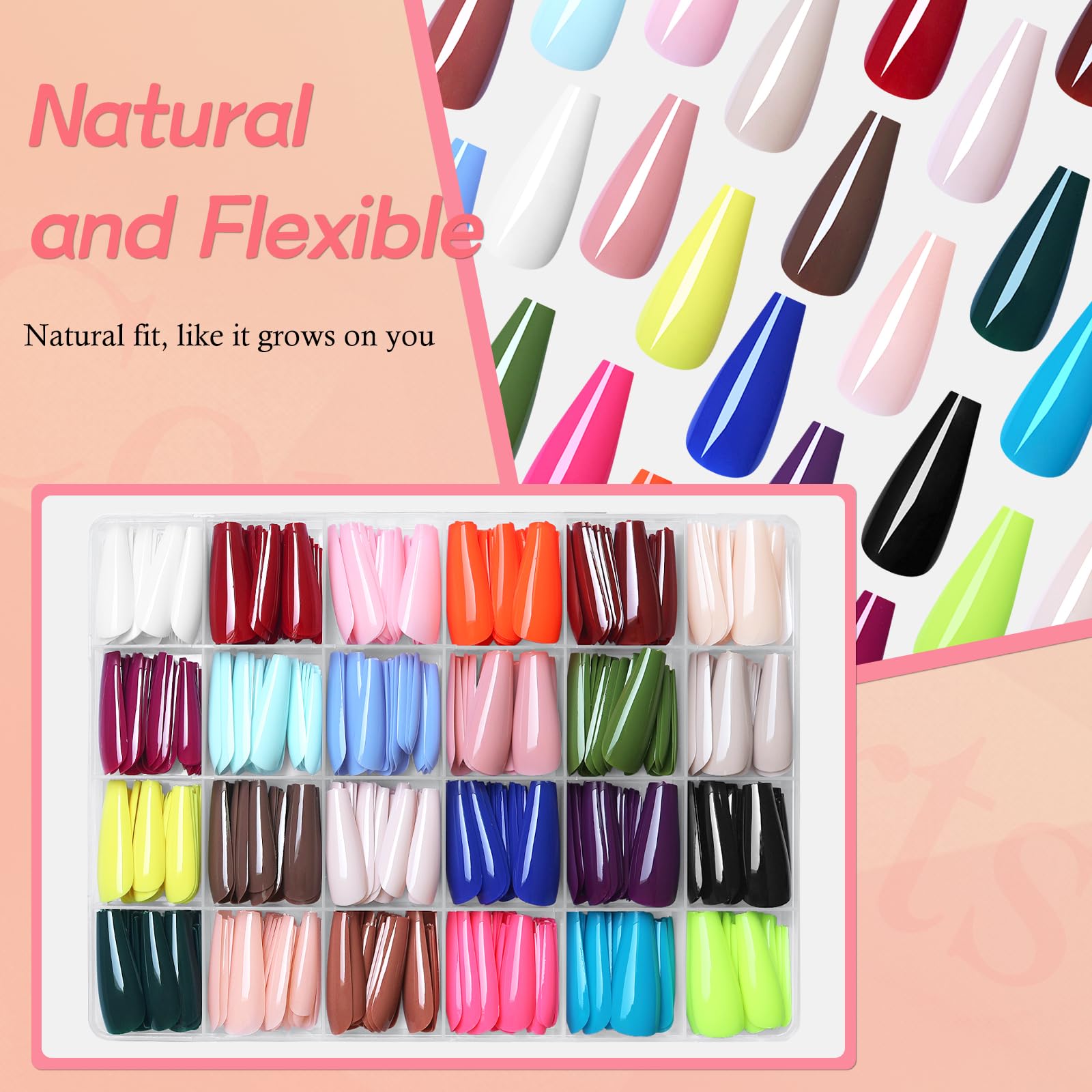Lifextol Coffin Press-On Nails Long Length – 576pc Kit, 24 Colors, Glue & Tabs