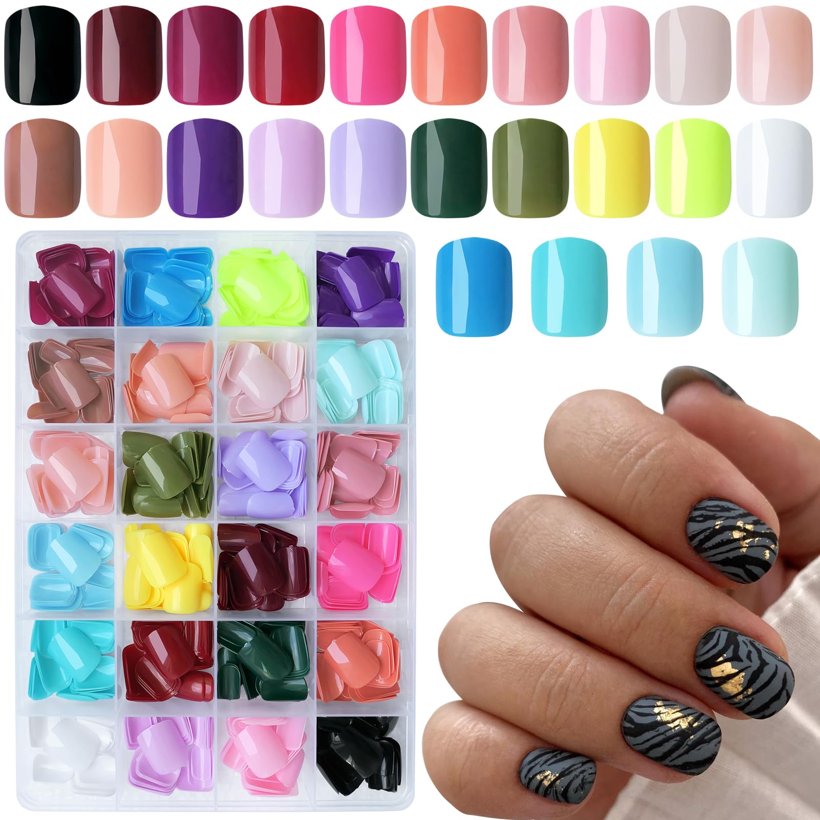Lifextol 576pc Square Press-On Nails – Short Glossy Fake Nails, 12 Sizes, 24 Styles with Adhesive Tabs