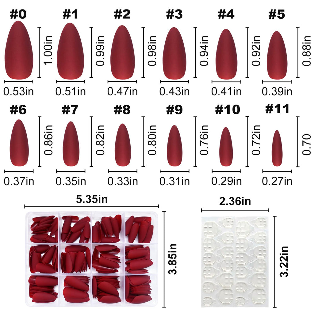 Lifextol 240pc Almond Press-On Nails – Medium Length Matte Burgundy Tips with Glue Tabs