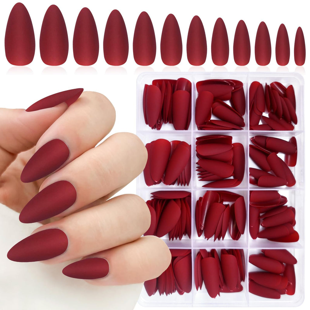 Lifextol 240pc Almond Press-On Nails – Medium Length Matte Burgundy Tips with Glue Tabs