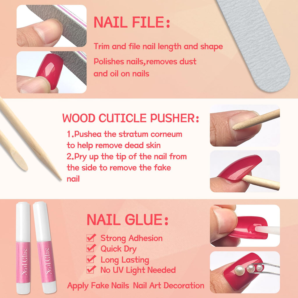 Lifextol Coffin Press-On Nails Long Length – 576pc Kit, 24 Colors, Glue & Tabs