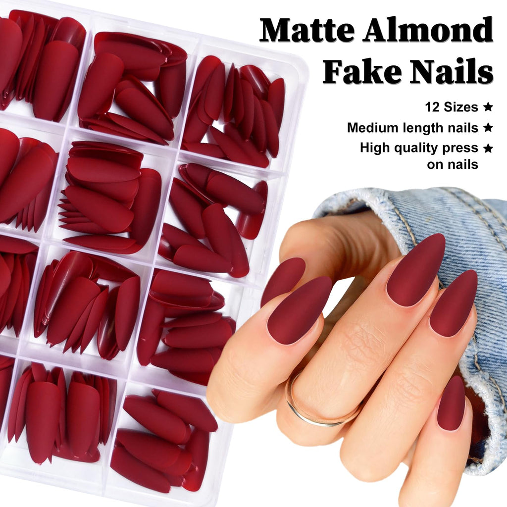 Lifextol 240pc Almond Press-On Nails – Medium Length Matte Burgundy Tips with Glue Tabs