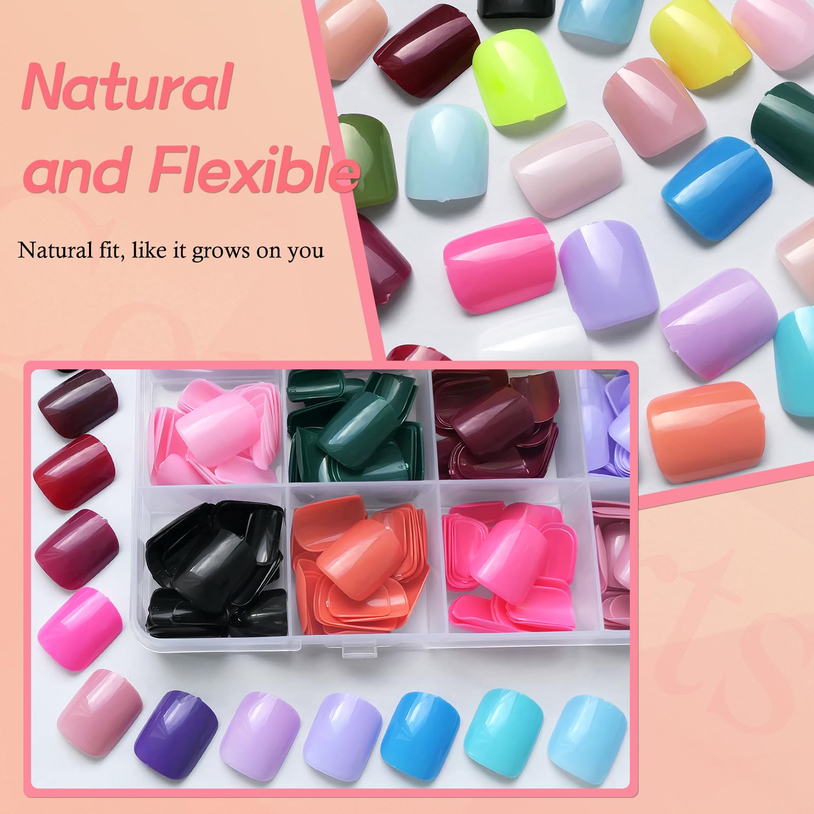 Lifextol 576pc Square Press-On Nails – Short Glossy Fake Nails, 12 Sizes, 24 Styles with Adhesive Tabs