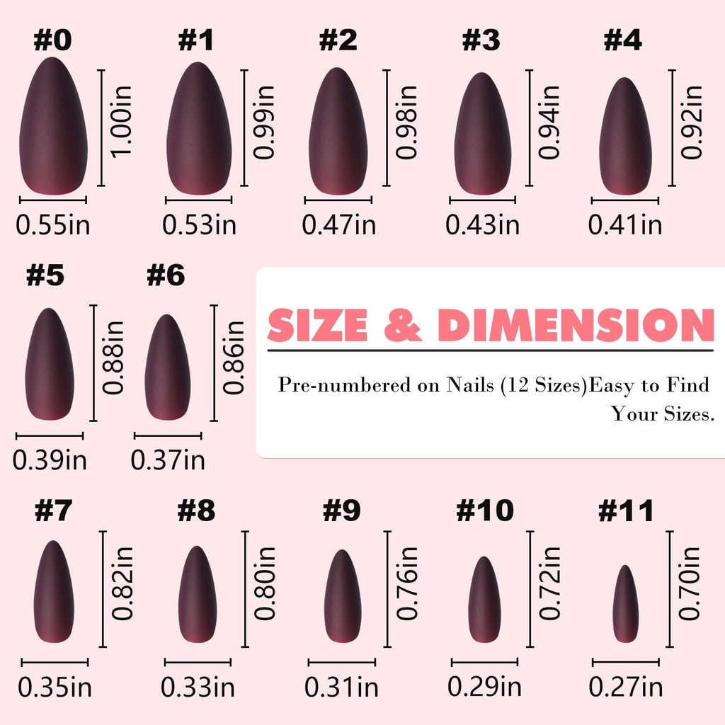 Lifextol 240pc Almond Press-On Nails Kit – Burgundy Matte, Medium Almond Short Stiletto