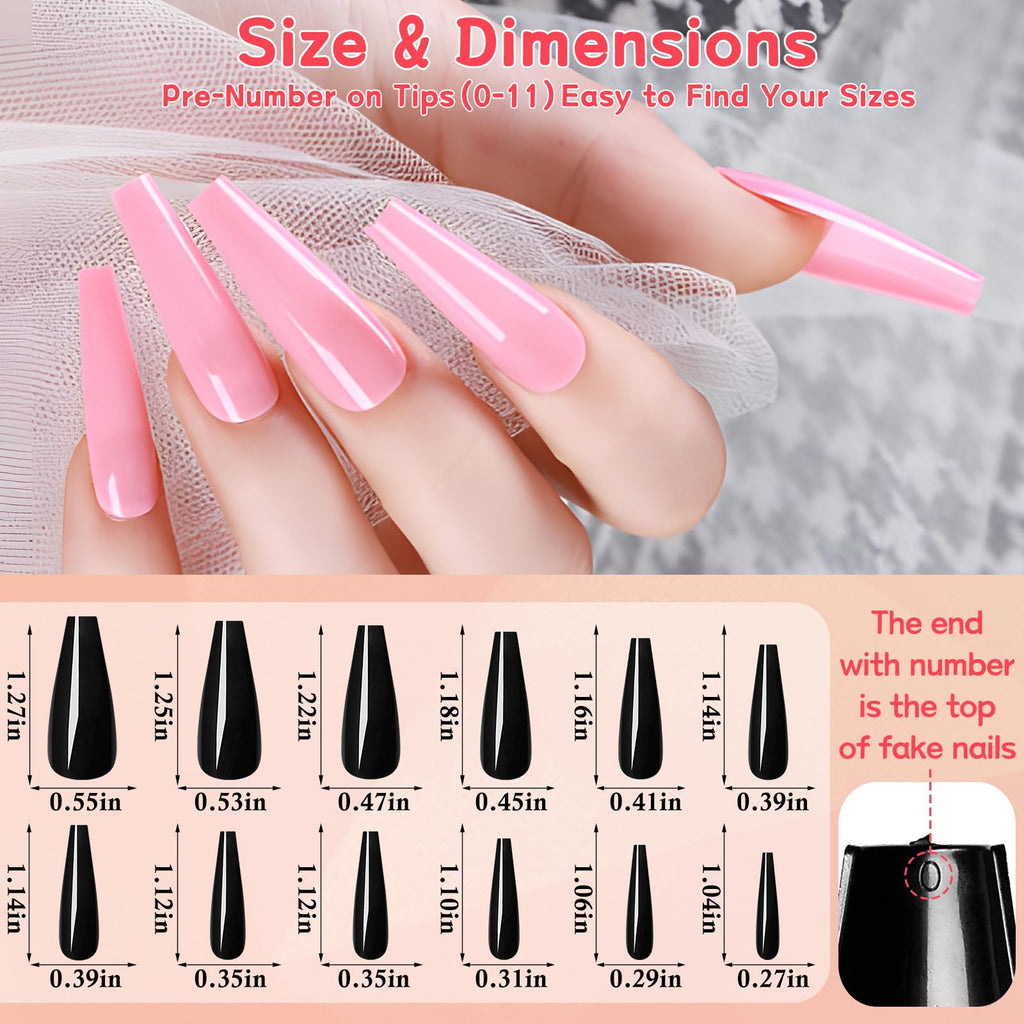 Lifextol Coffin Press-On Nails Long Length – 576pc Kit, 24 Colors, Glue & Tabs