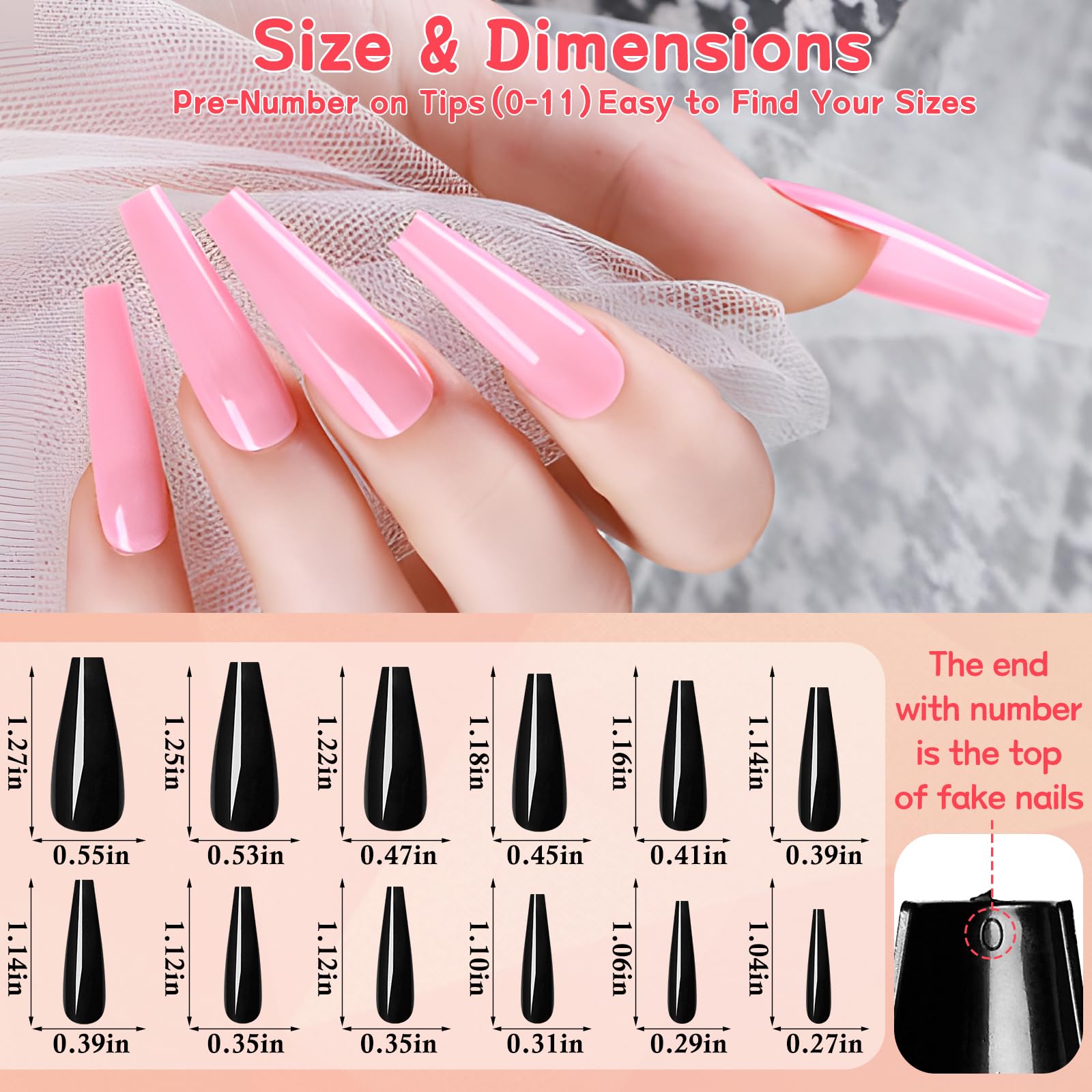 Lifextol Coffin Press-On Nails Long Length – 576pc Kit, 24 Colors, Glue & Tabs
