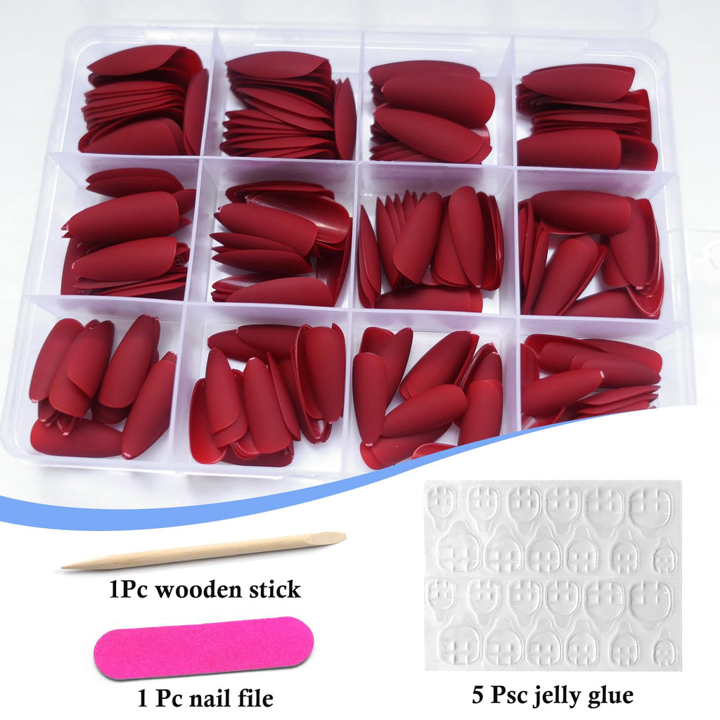 Lifextol 240pc Almond Press-On Nails – Medium Length Matte Burgundy Tips with Glue Tabs