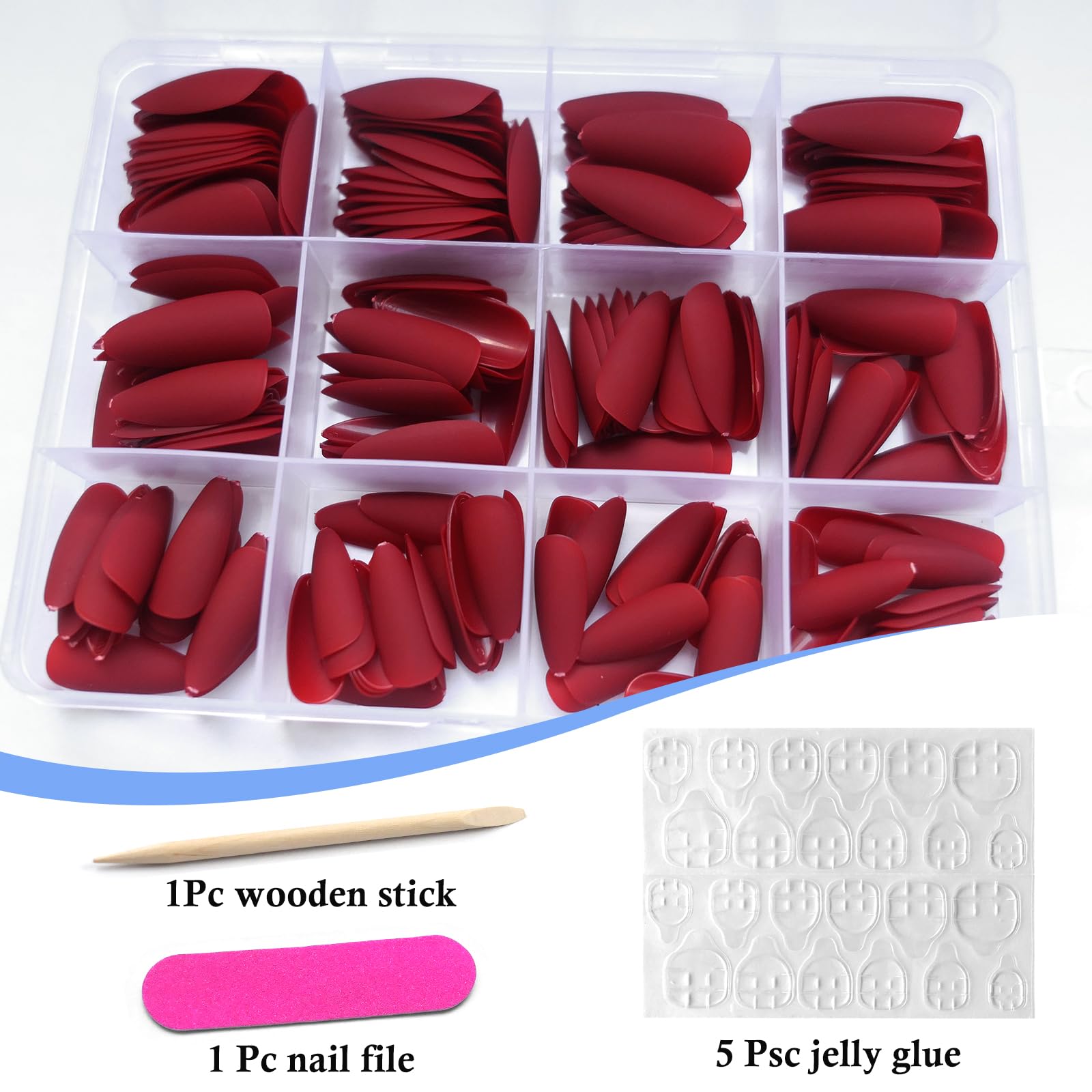 Lifextol 240pc Almond Press-On Nails – Medium Length Matte Burgundy Tips with Glue Tabs