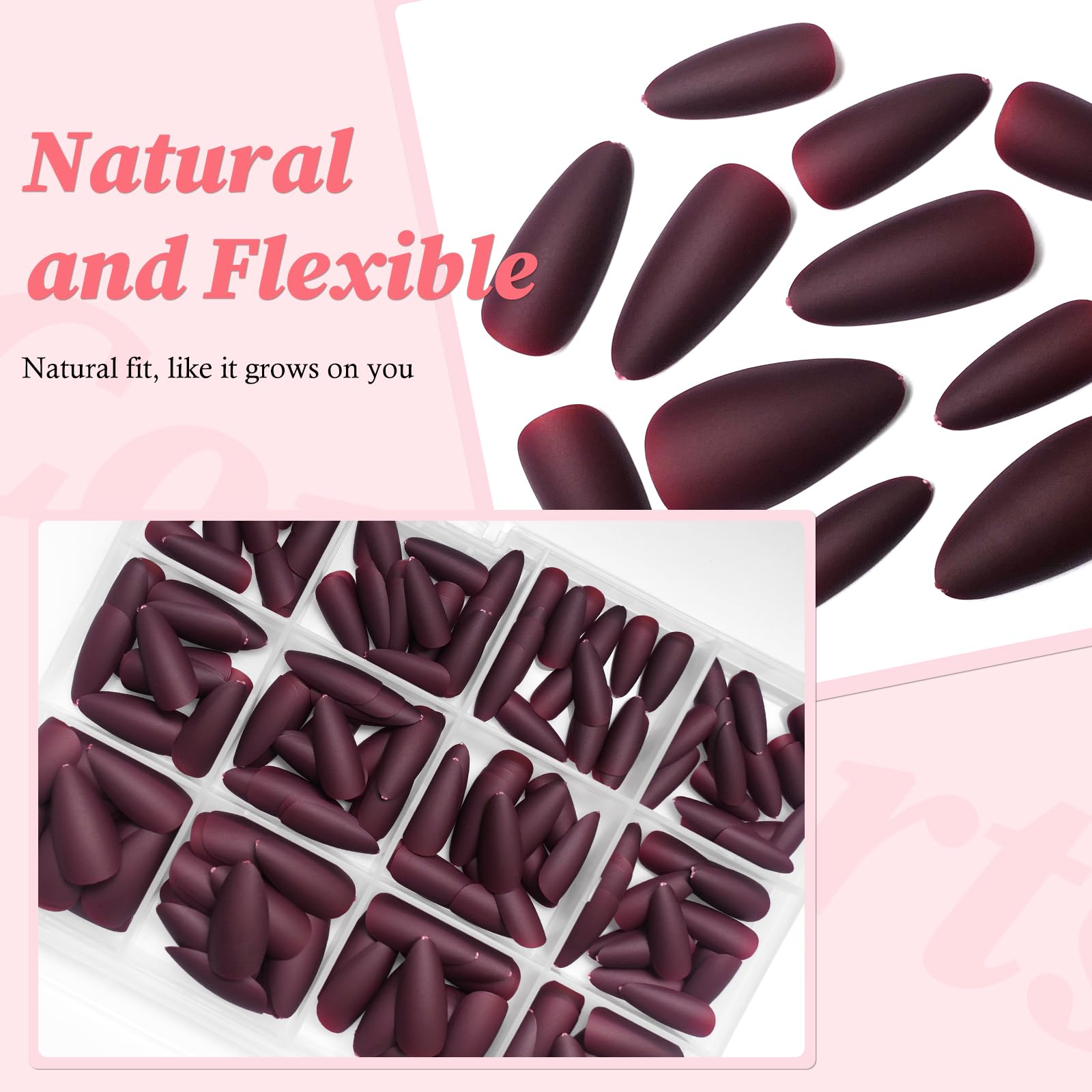 Lifextol 240pc Almond Press-On Nails Kit – Burgundy Matte, Medium Almond Short Stiletto