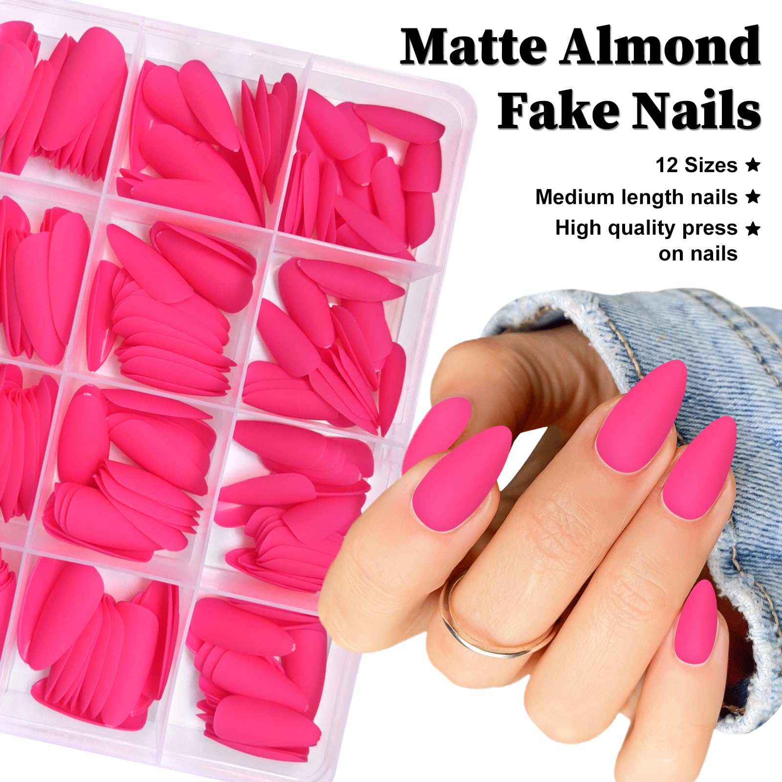 Lifextol 240pc Almond Press-On Nails – Hot Pink Matte, Medium Length