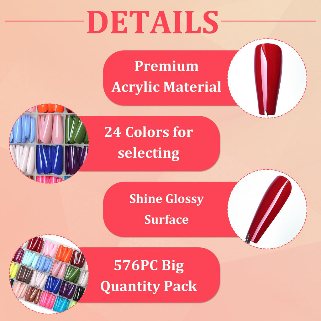 Lifextol Coffin Press-On Nails Long Length – 576pc Kit, 24 Colors, Glue & Tabs