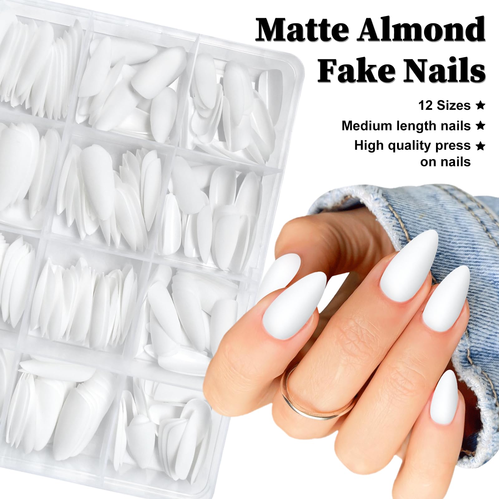 Lifextol 240-Piece Almond Press-On Nails – Medium Length, Matte White, DIY Nail Kit