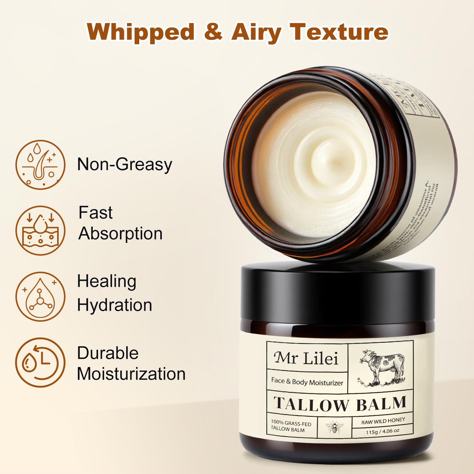 Lilei Beauty Beef Tallow Balm – Grass-Fed Skin Moisturizer with Honey & Olive Oil