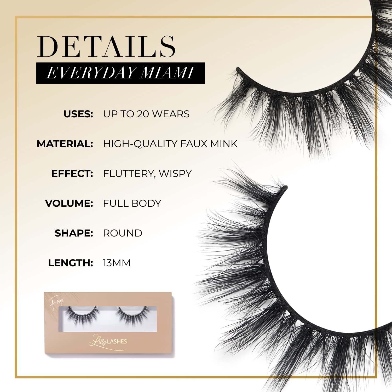 Lilly Lashes Everyday Miami Natural Lashes – Faux Mink, Reusable 20x, 13mm