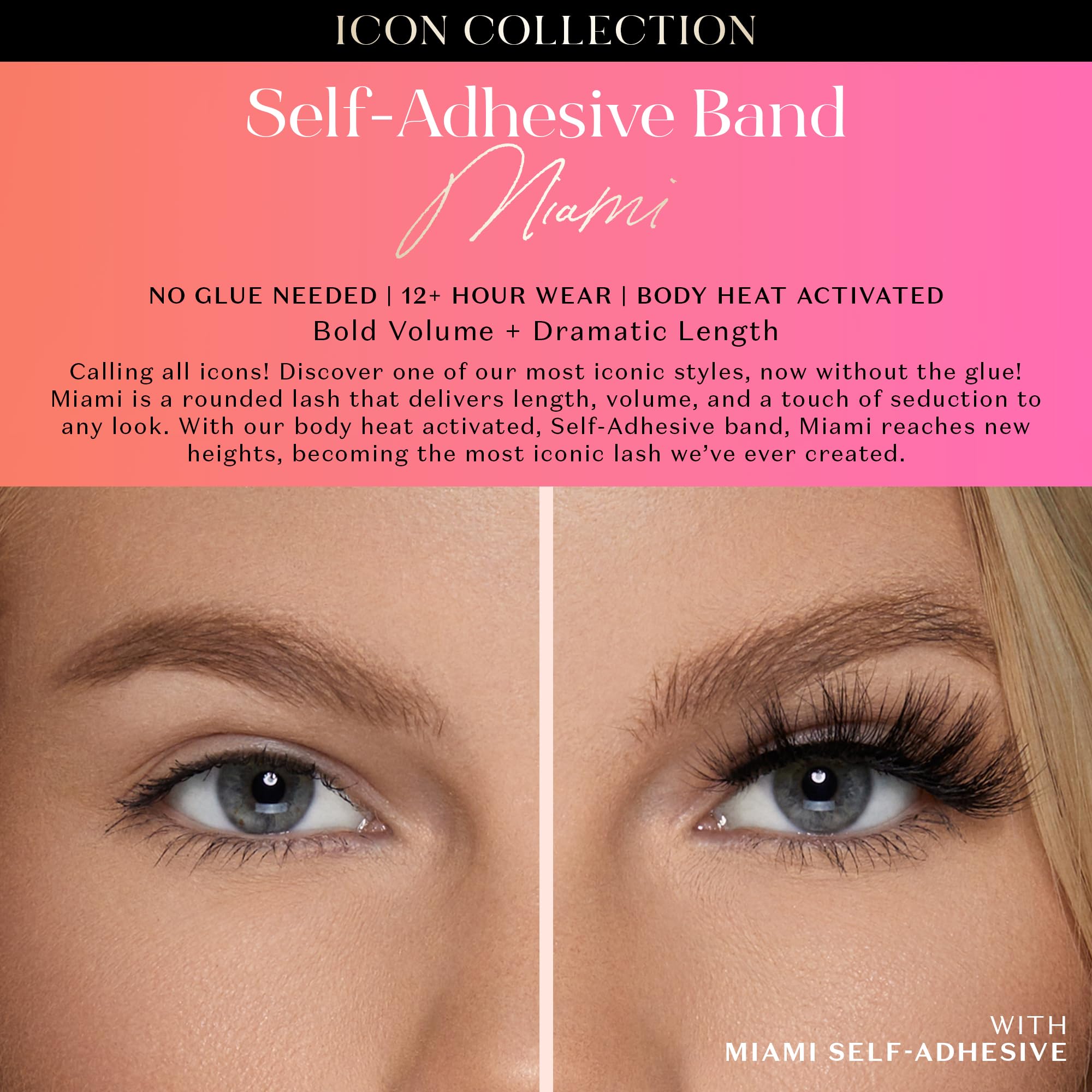 Lilly Lashes Self Adhesive Band 3D Faux Mink Eyelashes – No Glue Needed, Body Heat Activated, Reusable Up to 5x (Miami)