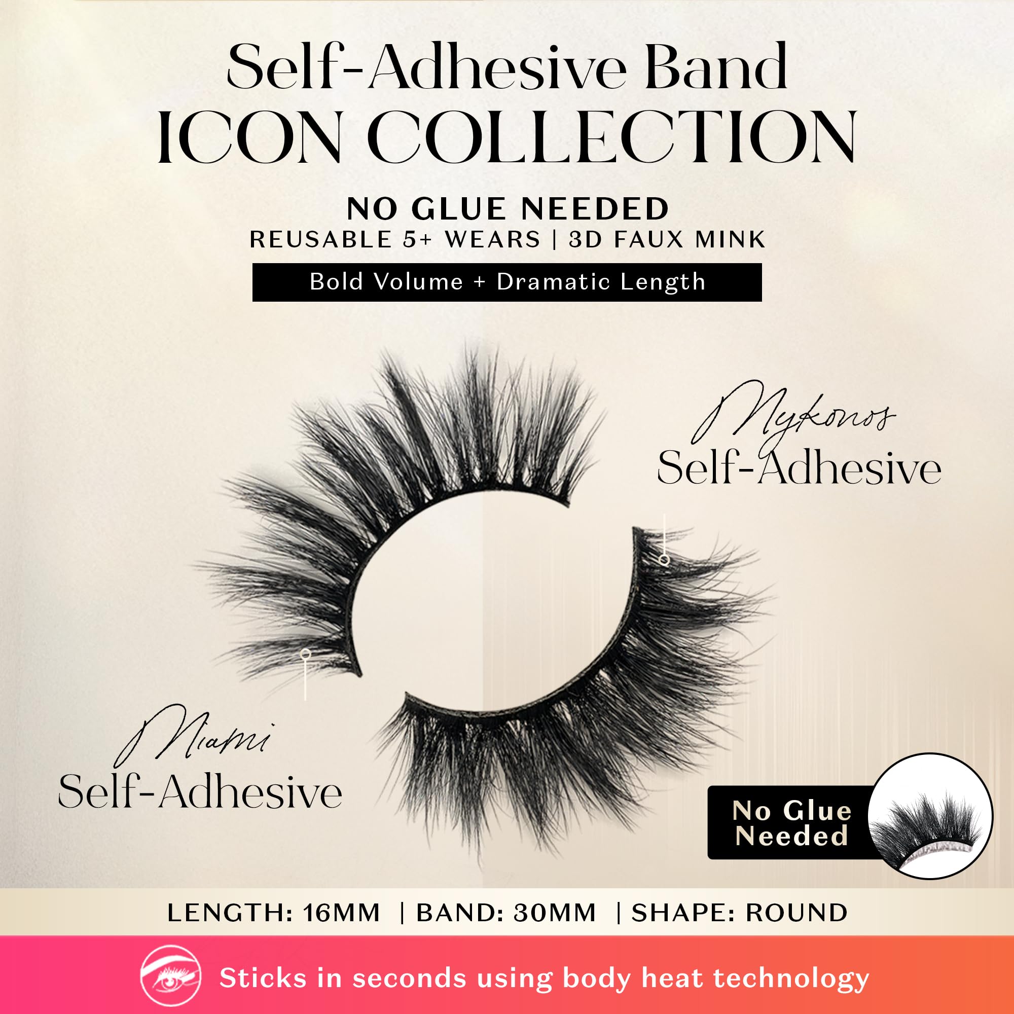 Lilly Lashes Self Adhesive Band 3D Faux Mink Eyelashes – No Glue Needed, Body Heat Activated, Reusable Up to 5x (Miami)