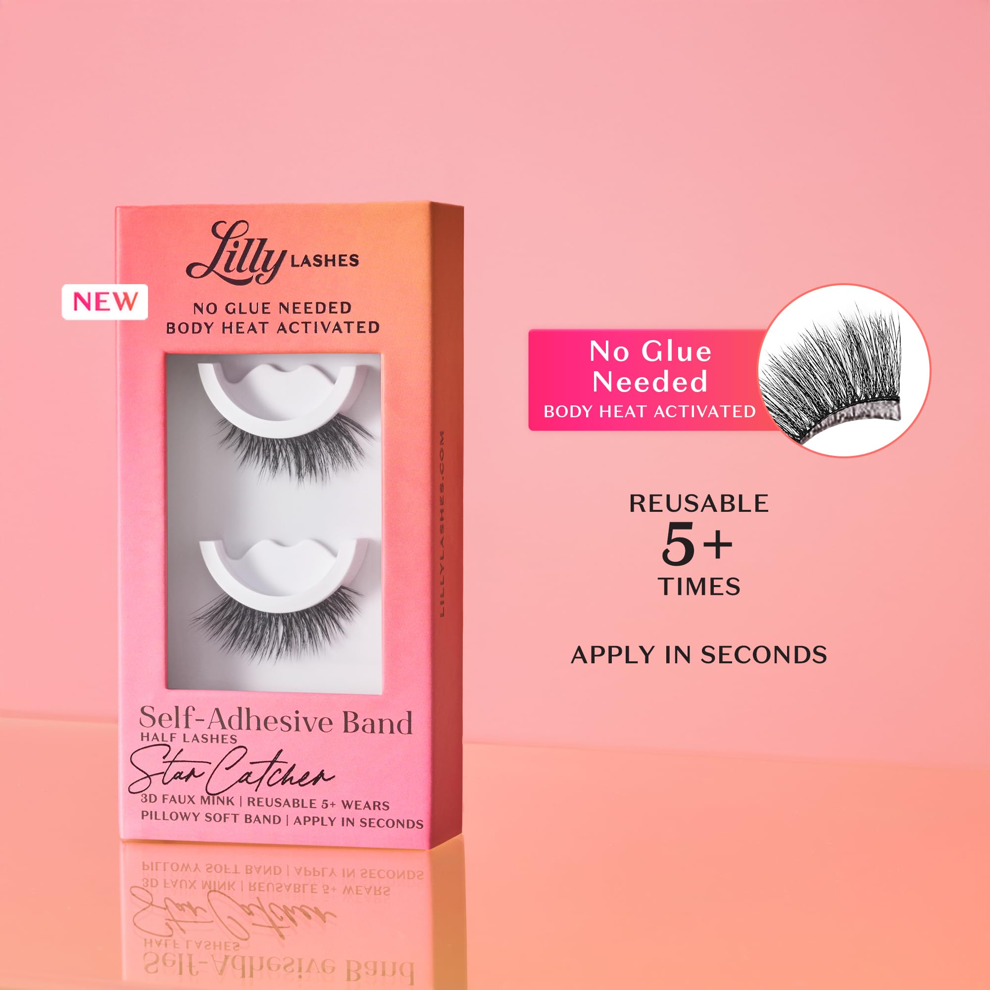 Lilly Lashes Self Adhesive Eyelashes – Half Lashes, No Glue Needed, Body Heat Activated, Reusable Up to 5x (StarCatcher)