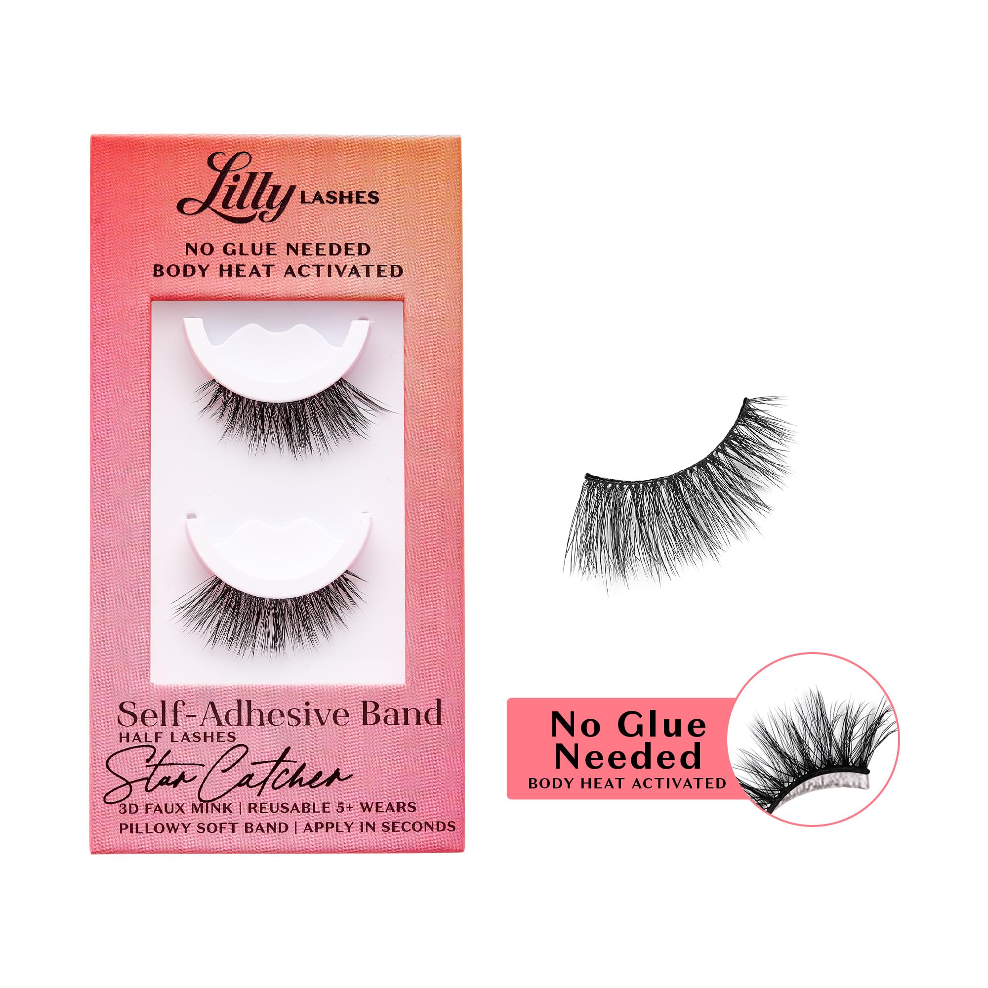 Lilly Lashes Self Adhesive Eyelashes – Half Lashes, No Glue Needed, Body Heat Activated, Reusable Up to 5x (StarCatcher)