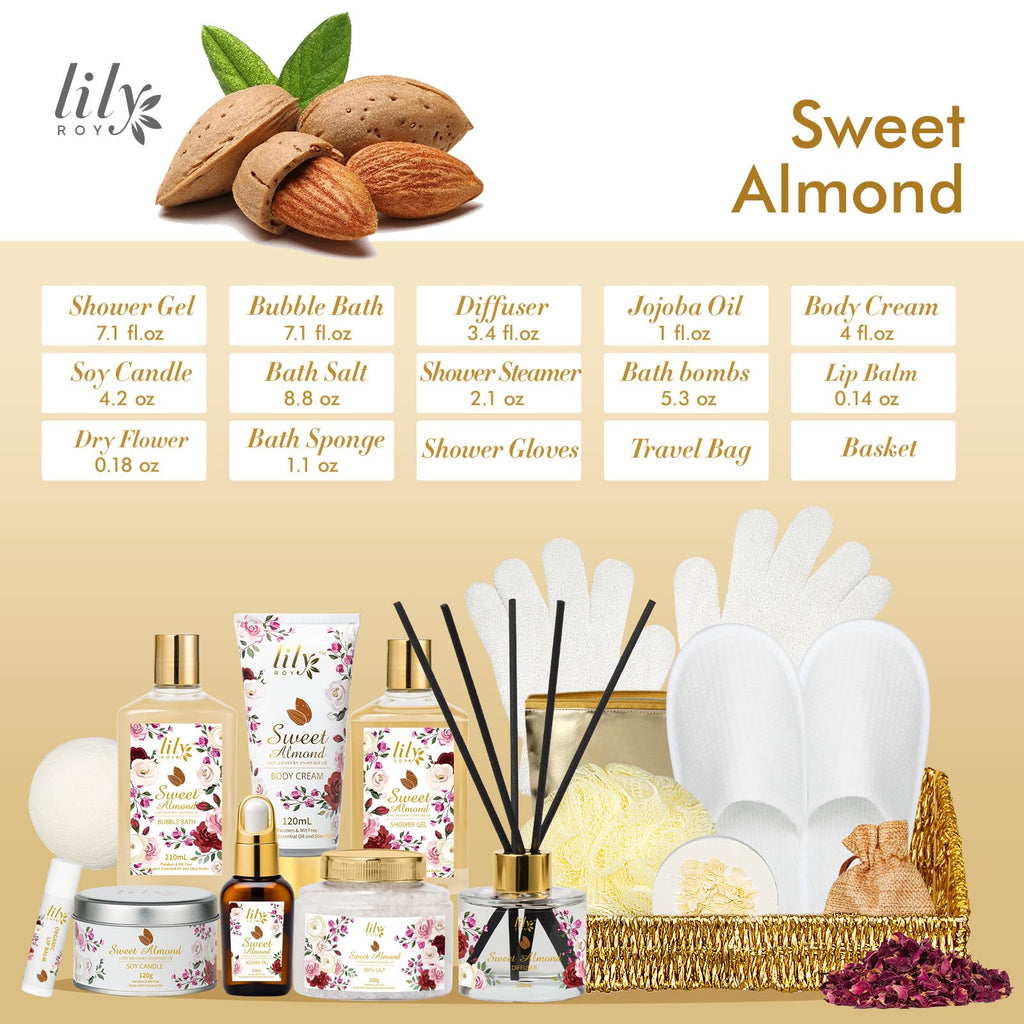 LILY ROY Valentines Day Gift Basket – 17-Piece Almond Luxury Spa Set for Women