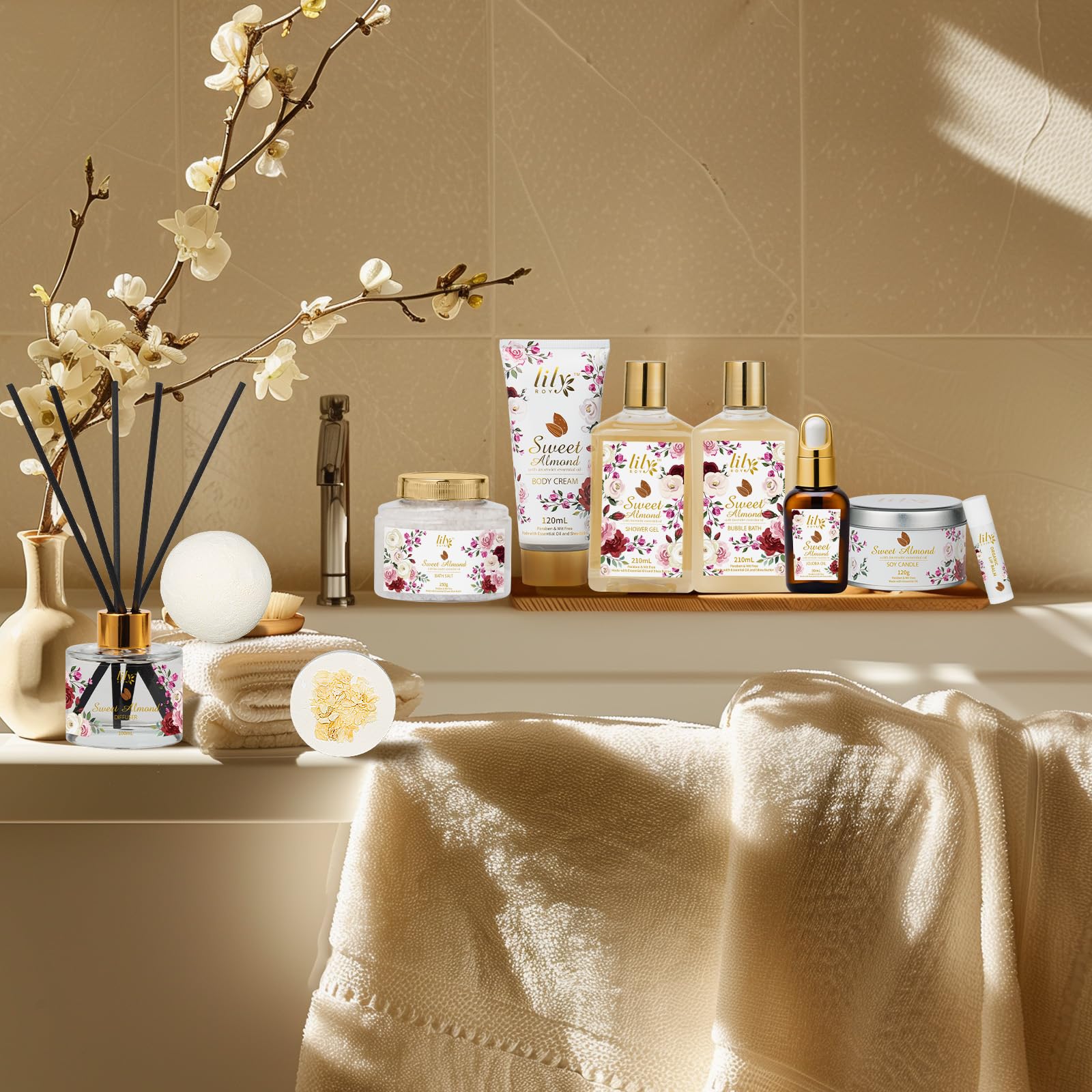 LILY ROY Valentines Day Gift Basket – 17-Piece Almond Luxury Spa Set for Women
