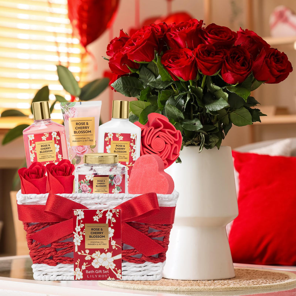 LILY ROY 9-Pcs Rose Bath & Body Gift Basket — Valentines Gifts for Women