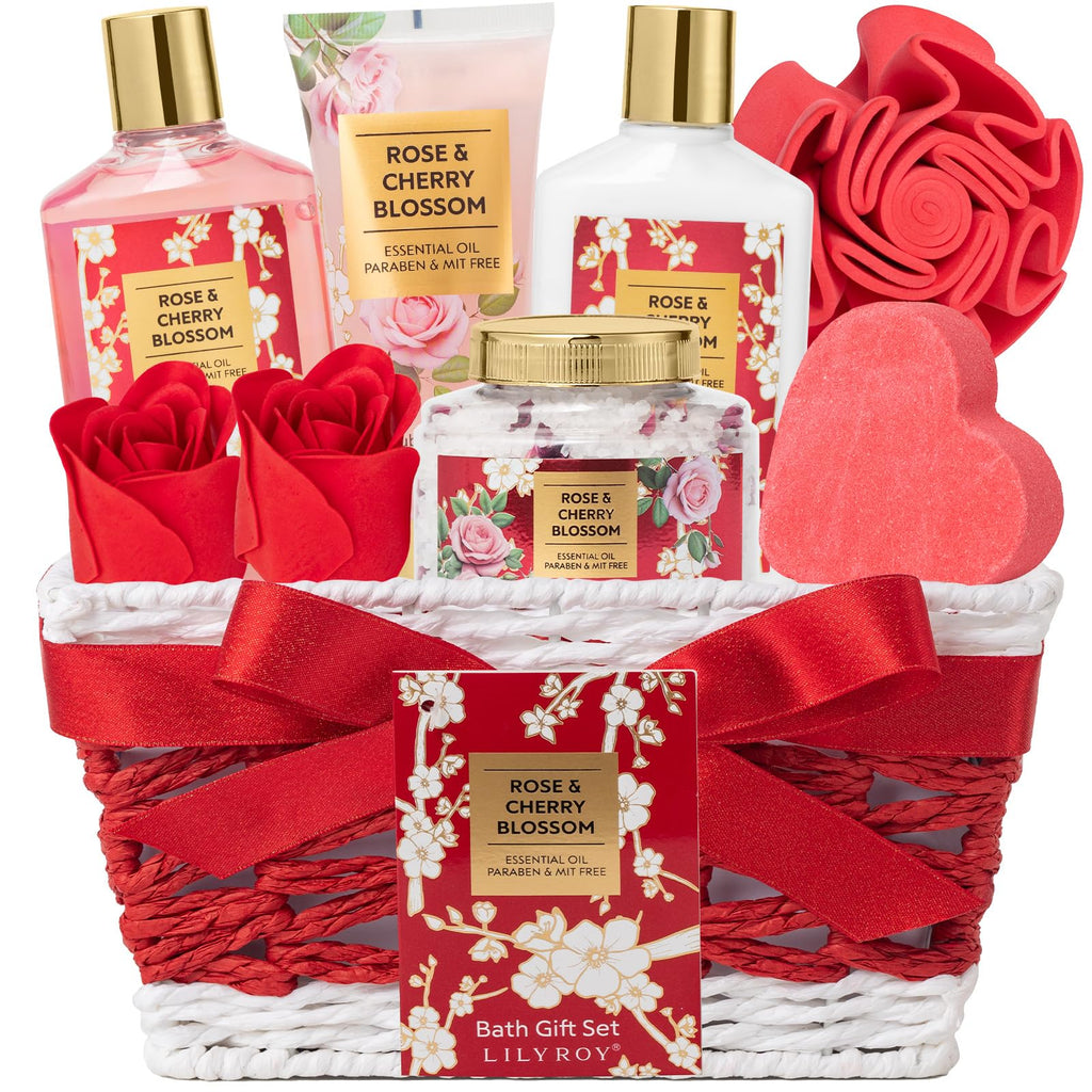 LILY ROY 9-Pcs Rose Bath & Body Gift Basket — Valentines Gifts for Women