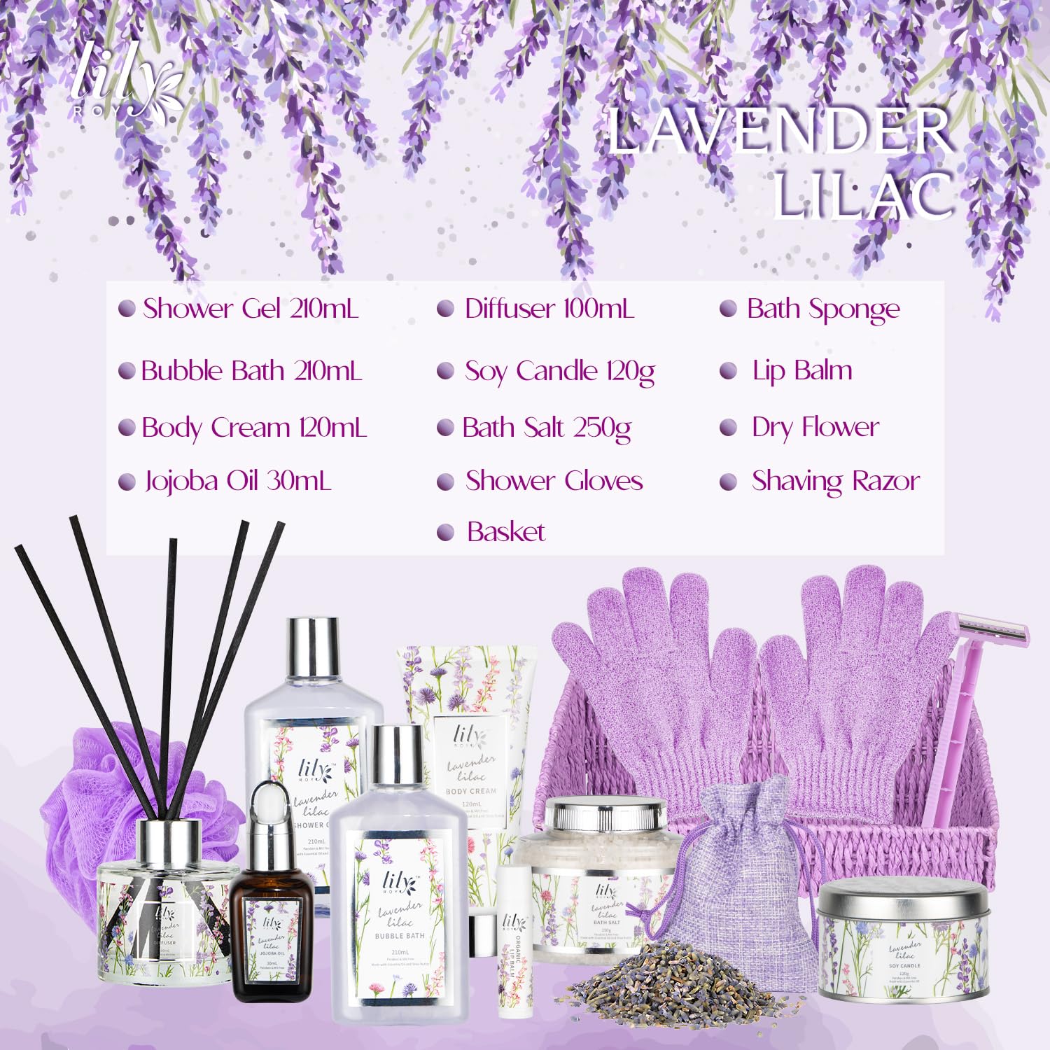 LILY ROY Valentines Day Gifts Basket Set – 15-Piece Bath & Body Gift Set for Women | Spa Gift Basket