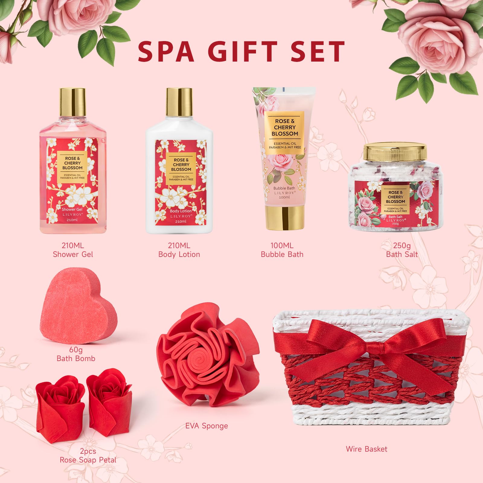 LILY ROY 9-Pcs Rose Bath & Body Gift Basket — Valentines Gifts for Women
