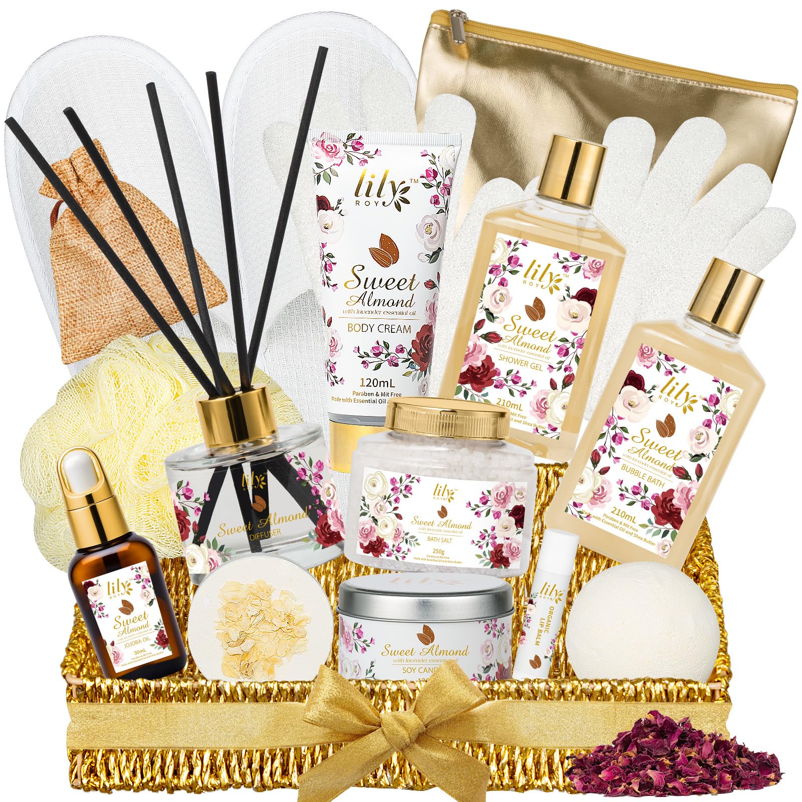LILY ROY Valentines Day Gift Basket – 17-Piece Almond Luxury Spa Set for Women