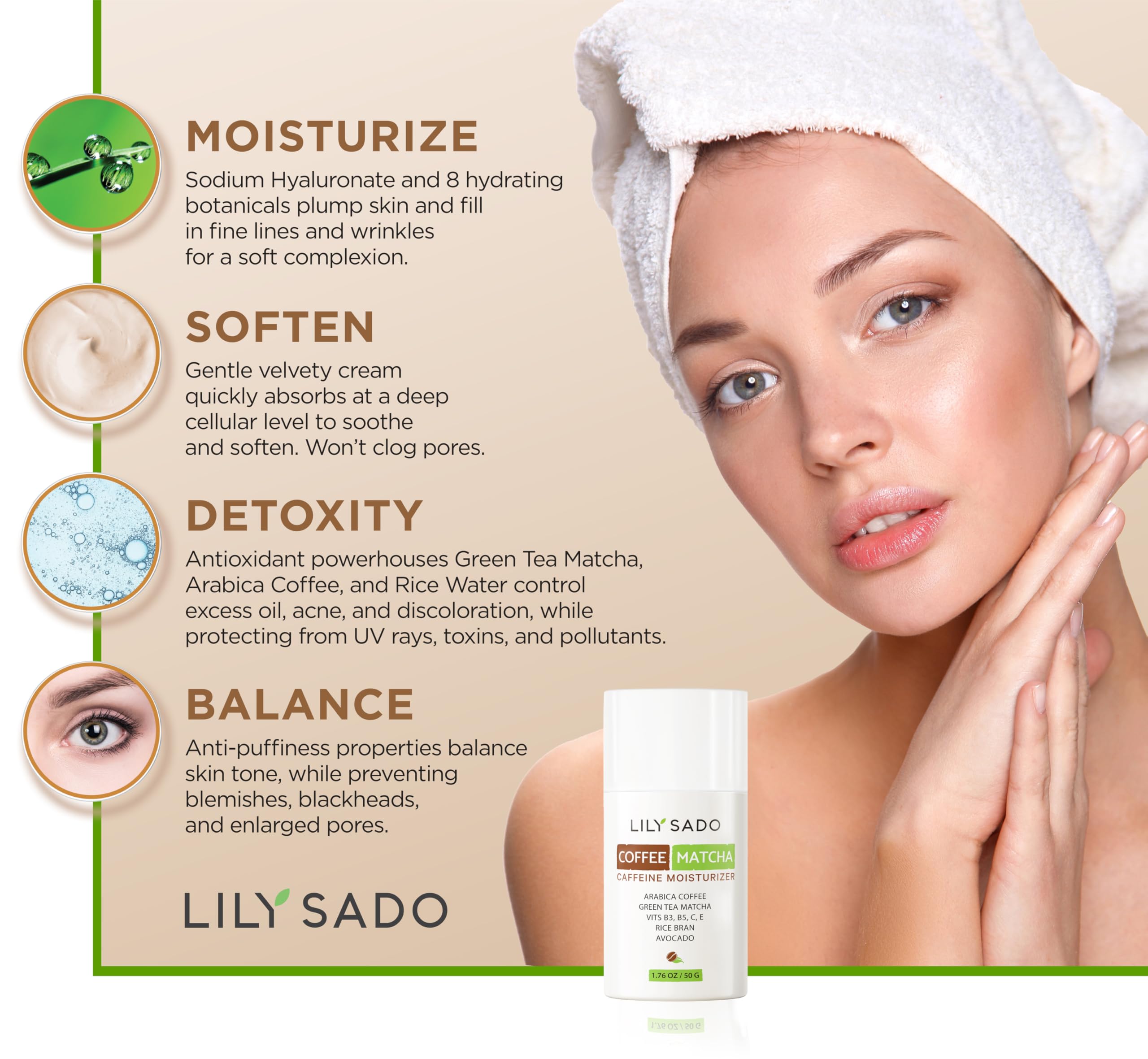 LILY SADO TEA+C Coffee & Matcha Face Moisturizer – Vegan Caffeine Skincare for Antioxidant Hydration