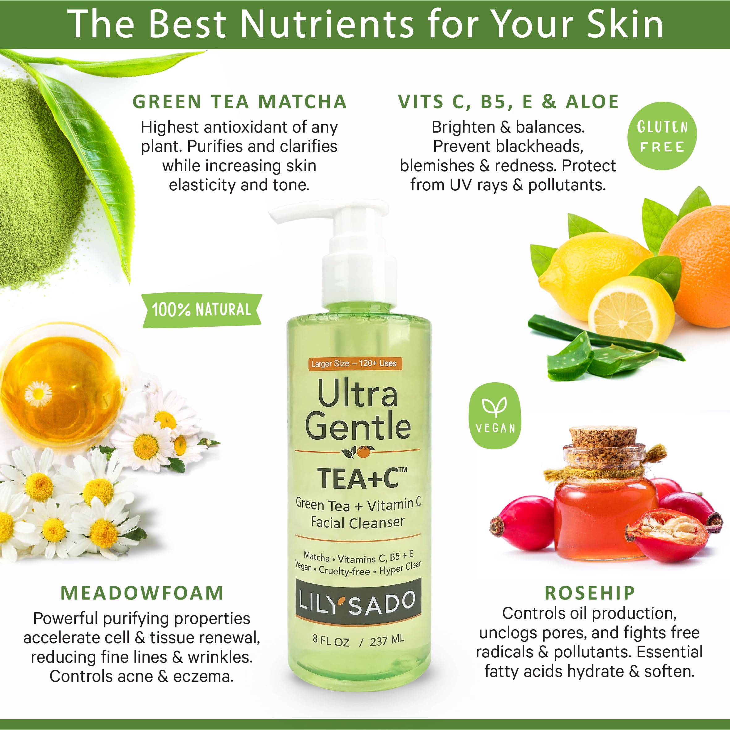 LILY SADO TEA+C Green Tea & Vitamin C Face Cleanser – Gentle Daily Vegan Facial Wash (8 oz)