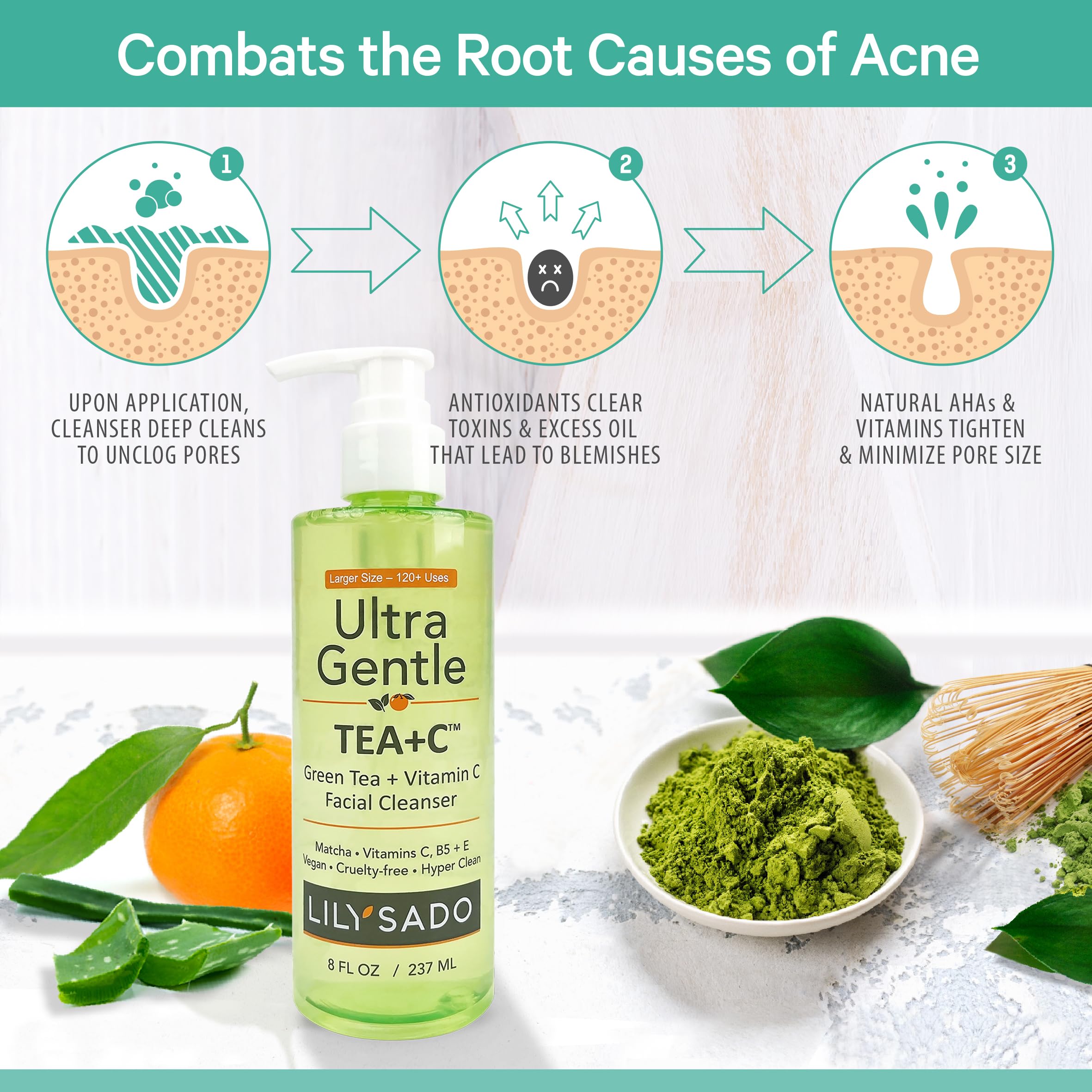 LILY SADO TEA+C Green Tea & Vitamin C Face Cleanser – Gentle Daily Vegan Facial Wash (8 oz)